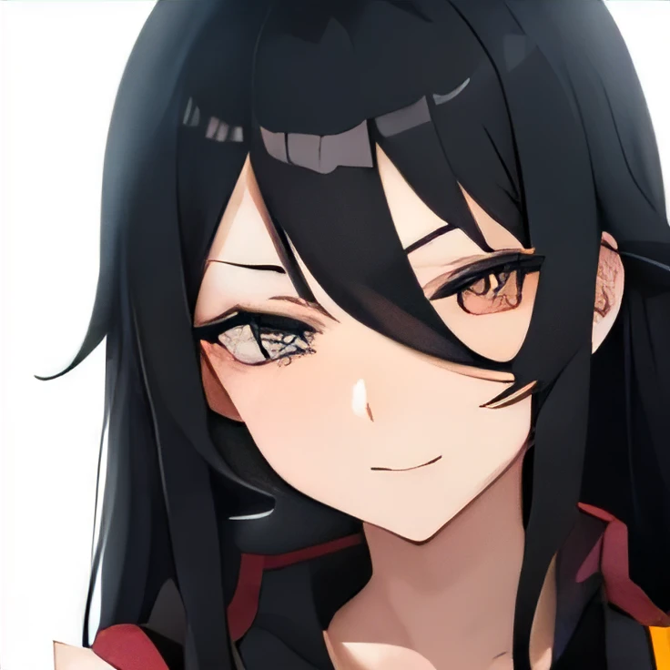 Make the face of a female anime character with long black hair by winking one of her eyes