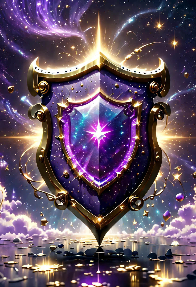 ultra high definition, Super details, best quality, high detail, 1080P, 16k, high resolution，Close-up of the shield，A smart shield with a shiny surface, Magical smart shield, Magic Crystal Smart Shield, Dots of smart shields, purple sparkles, gold and purple, ring lit,, Sparkling golden smart shield, glowing purple, The background is the mysterious cosmic starry sky,Smart Shield Photography, Jewelry Gold Smart Shield，(Best Illustration)，(best shadow)，Isometric 3D.octane rendering，surreal