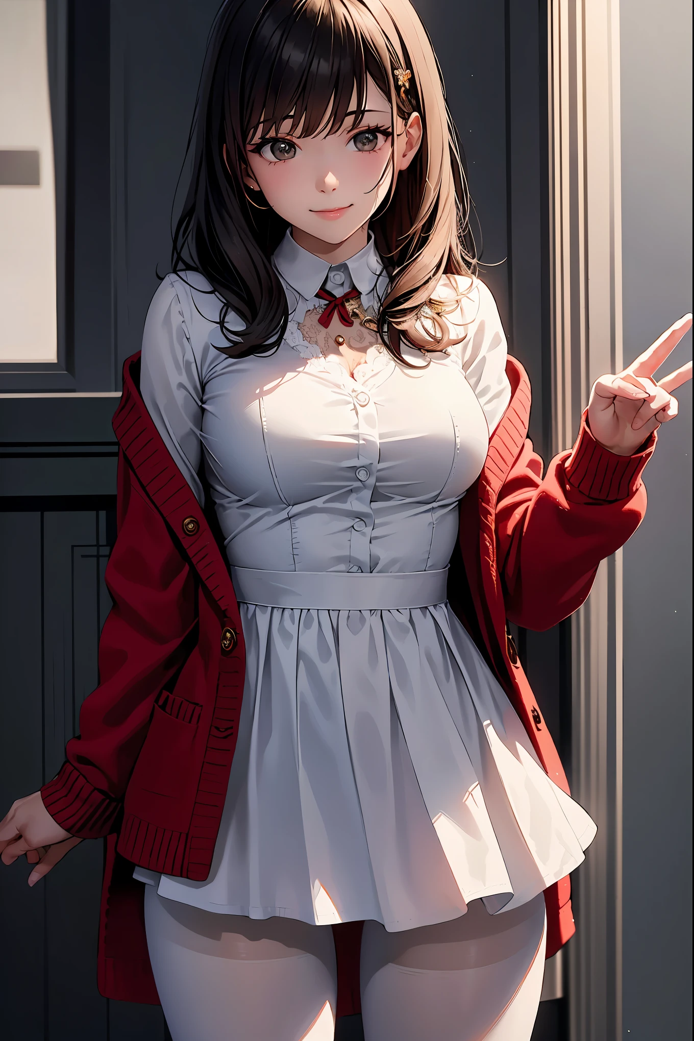 Masterpiece, top quality, high resolution, hair ornament, medium hair, red ribbon and lace, large breasts, jewelry, red cardigan, brooch, pendant, white shirt, vertically striped skirt, white and black striped pantyhose, cowboy shot , standing with thighs spread to the left and right, smile, enchanting genius, ultra-detailed skin, (best lighting by famous artists: 1.2), 8K, (acting instruction of charming poses by famous masters: 1.4),