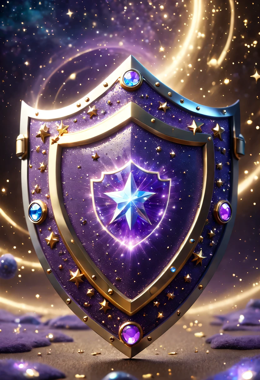 ultra high definition, Super details, best quality, high detail, 1080P, 16k, high resolution，Close-up of the shield，A smart shield with a shiny surface, Magical smart shield, Magic Crystal Smart Shield, Dots of smart shields, purple sparkles, gold and purple, ring lit,, Sparkling golden smart shield, glowing purple, The background is the mysterious cosmic starry sky,Smart Shield Photography, Jewelry Gold Smart Shield，(Best Illustration)，(best shadow)，Isometric 3D.octane rendering，surreal