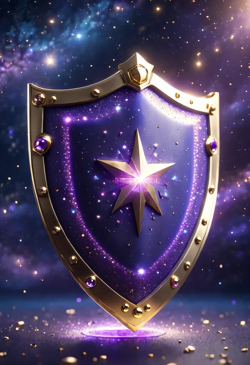 ultra high definition, Super details, best quality, high detail, 1080P, 16k, high resolution，Close-up of the shield，A smart shield with a shiny surface, Magical smart shield, Magic Crystal Smart Shield, Dots of smart shields, purple sparkles, gold and purple, ring lit,, Sparkling golden smart shield, glowing purple, The background is the mysterious cosmic starry sky,Smart Shield Photography, Jewelry Gold Smart Shield，(Best Illustration)，(best shadow)，Isometric 3D.octane rendering，surreal