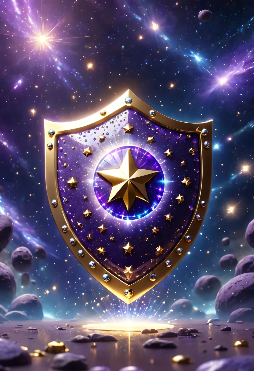 ultra high definition, Super details, best quality, high detail, 1080P, 16k, high resolution，Close-up of the shield，A smart shield with a shiny surface, Magical smart shield, Magic Crystal Smart Shield, Dots of smart shields, purple sparkles, gold and purple, ring lit,, Sparkling golden smart shield, glowing purple, The background is the mysterious cosmic starry sky,Smart Shield Photography, Jewelry Gold Smart Shield，(Best Illustration)，(best shadow)，Isometric 3D.octane rendering，surreal