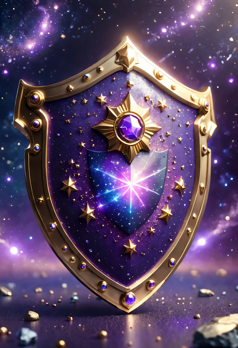 ultra high definition, Super details, best quality, high detail, 1080P, 16k, high resolution，Close-up of the shield，A smart shield with a shiny surface, Magical smart shield, Magic Crystal Smart Shield, Dots of smart shields, purple sparkles, gold and purple, ring lit,, Sparkling golden smart shield, glowing purple, The background is the mysterious cosmic starry sky,Smart Shield Photography, Jewelry Gold Smart Shield，(Best Illustration)，(best shadow)，Isometric 3D.octane rendering，surreal