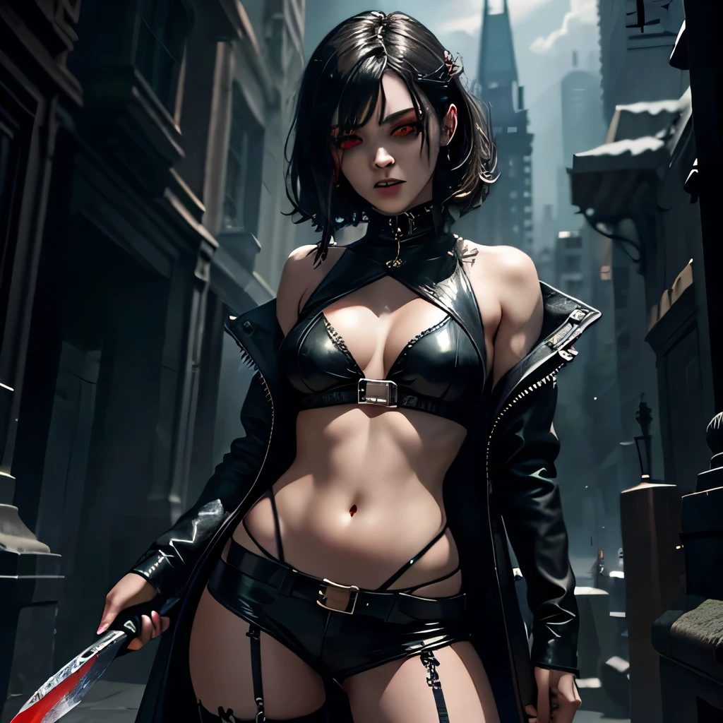 1girl, heavy goth makeup, fantasy character, cyberpunk horror, dark fantasy, navel, gothic mage, dark red eyes, bloody eyes, wounded, dripping blood, bloody knife, bloody leather top, leather pants