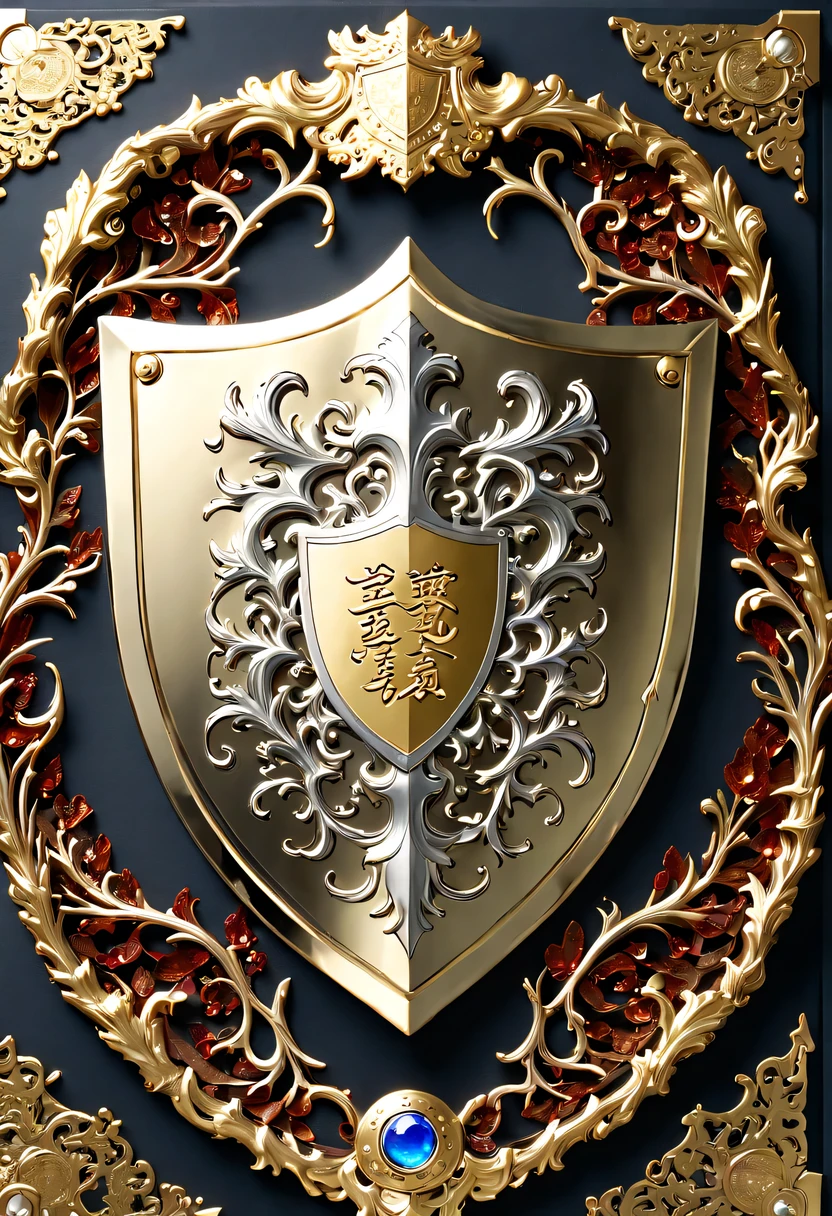 (8k, 16k, Award-winning, best quality, highest resolution, Super details, high detail, anatomically correct, masterpiece, stunning beauty), (金属shield: 1.3), 藤蔓内的智能shield , shield, Detail decoration, Snowflake carving, exquisite craftsmanship , Legendary shields, Rare and precious, intricate details, 智能shield由一种叫做山铜的金属制成, There are no gemstones, (Ancient characters are engraved on the inside of the shield: 1.2), Impeccable, platinum, white, Gold and silver, Trapped in a world of vines.