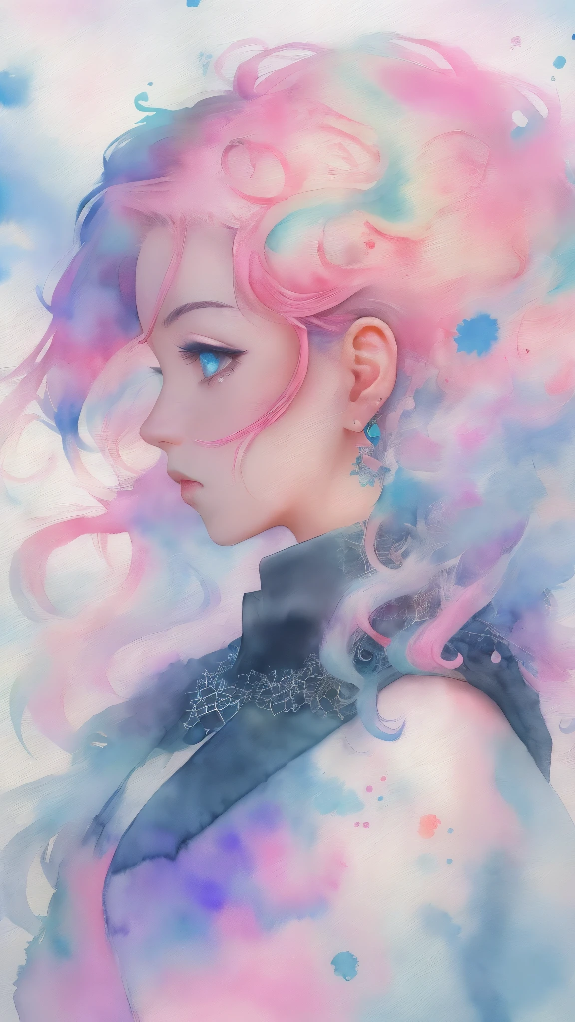 (masterpiece, top quality, best quality,watercolor (medium),official art, beautiful and aesthetic:1.2),(1girl:1.3), (fractal art:1.3),upper body, from side, looking at viewer,patterns,(rainbow color Hair,colorful hair,half blue and half pink hair:1.2),water,liquid, cloud,colorful, starry,stars,