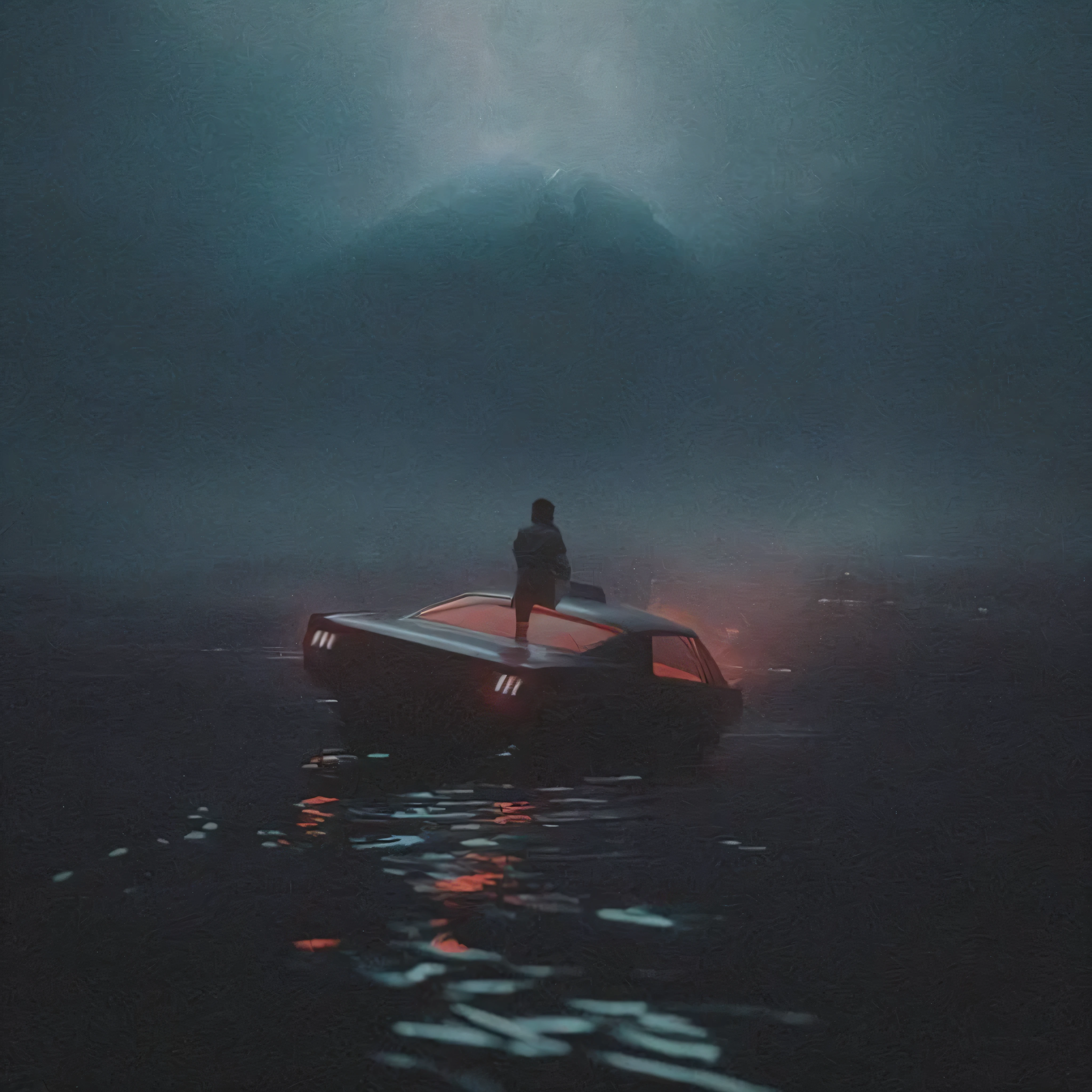 arafed image of a man on a car in the middle of the ocean, beeple daily art, realism | beeple, artem demura beeple, beeple artwork, beeple art, beeple. hyperrealism, by Beeple, beeple |, recusion beeple