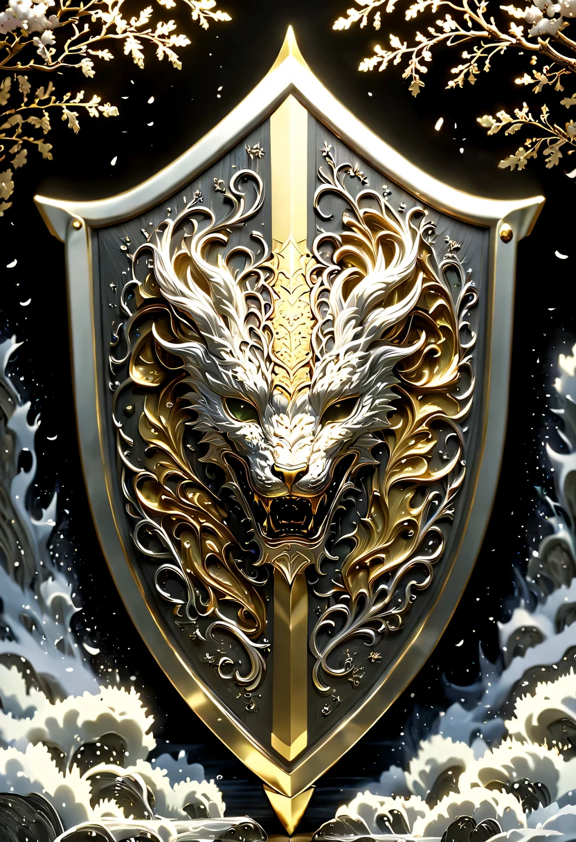 (8k, 16k, Award-winning, best quality, highest resolution, Super details, high detail, anatomically correct, masterpiece, stunning beauty), (金属shield: 1.3), 藤蔓内的智能shield , shield, Detail decoration, Snowflake carving, exquisite craftsmanship , Legendary shields, Rare and precious, intricate details, 智能shield由一种叫做山铜的金属制成, There are no gemstones, (Ancient characters are engraved on the inside of the shield: 1.2), Impeccable, platinum, white, Gold and silver, Trapped in a world of vines.