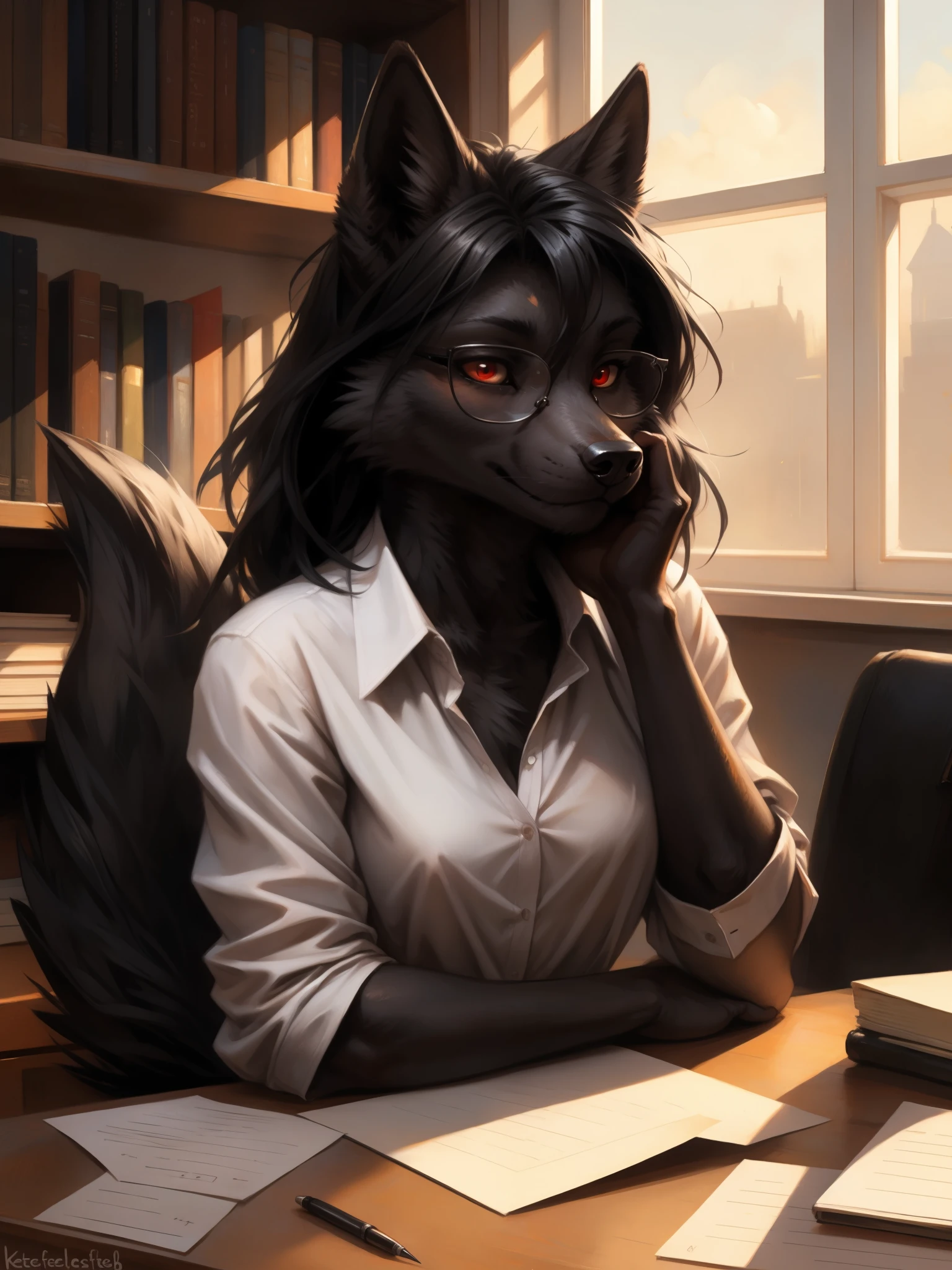 by kenket, by totesfleisch8, (by thebigslick, by silverfox5213:0.8), (by syuro:0.2), a dark grey wolf, female, red eyes, white sclera, black wolf ears, long black hair, straight black bangs, cute snout, black nose, black wolf tail, wearing white button up shirt, black skirt, black leggings, elegant glasses, serious expression, sitting, behind a teachers desk, in an office, leaning on her desk, one hand on her face, holding a pen writing on a piece of paper