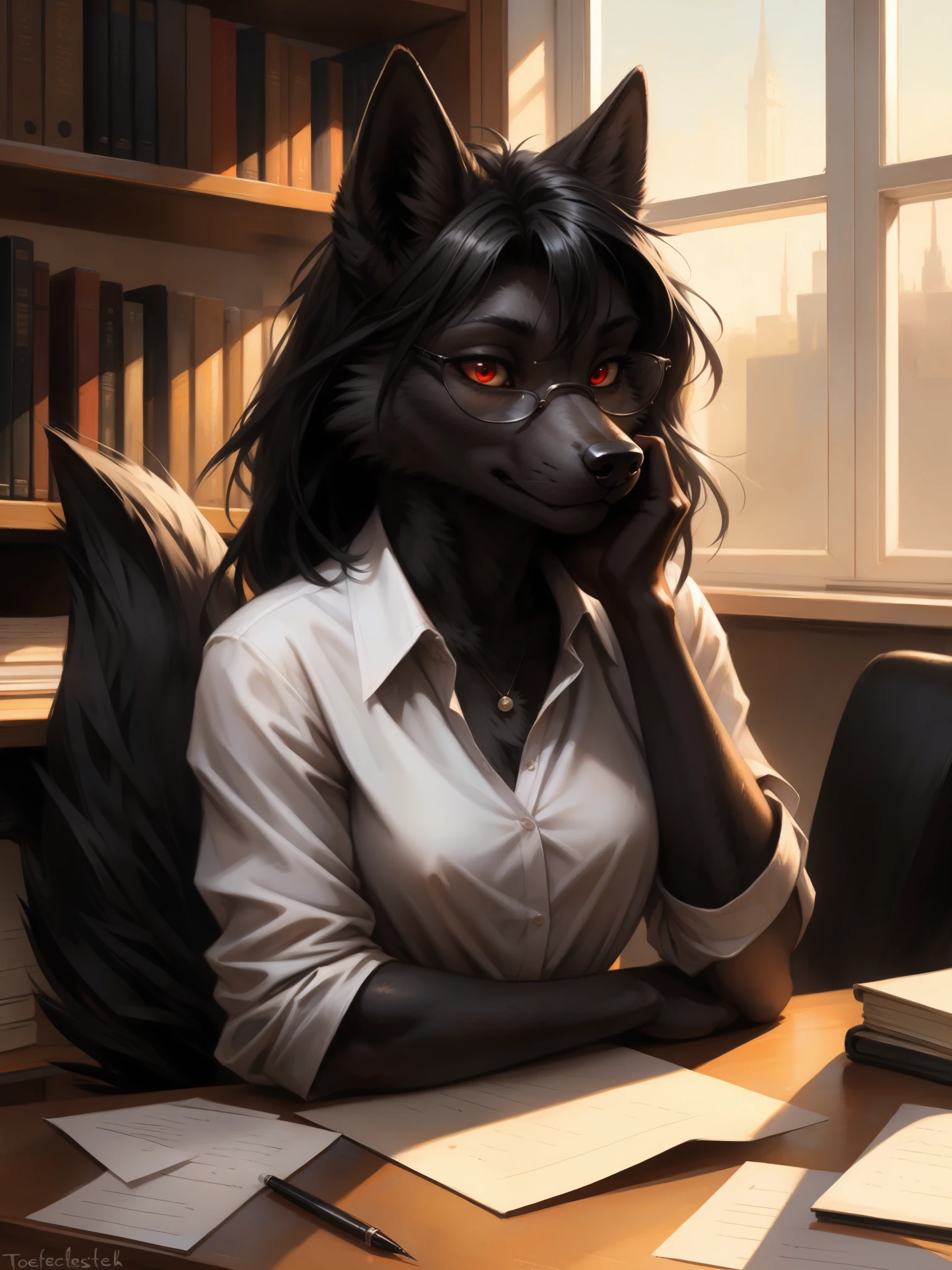 by kenket, by totesfleisch8, (by thebigslick, by silverfox5213:0.8), (by syuro:0.2), a dark grey wolf, female, red eyes, white sclera, black wolf ears, long black hair, straight black bangs, cute snout, black nose, black wolf tail, wearing white button up shirt, black skirt, black leggings, elegant glasses, serious expression, sitting, behind a teachers desk, in an office, leaning on her desk, one hand on her face, holding a pen writing on a piece of paper