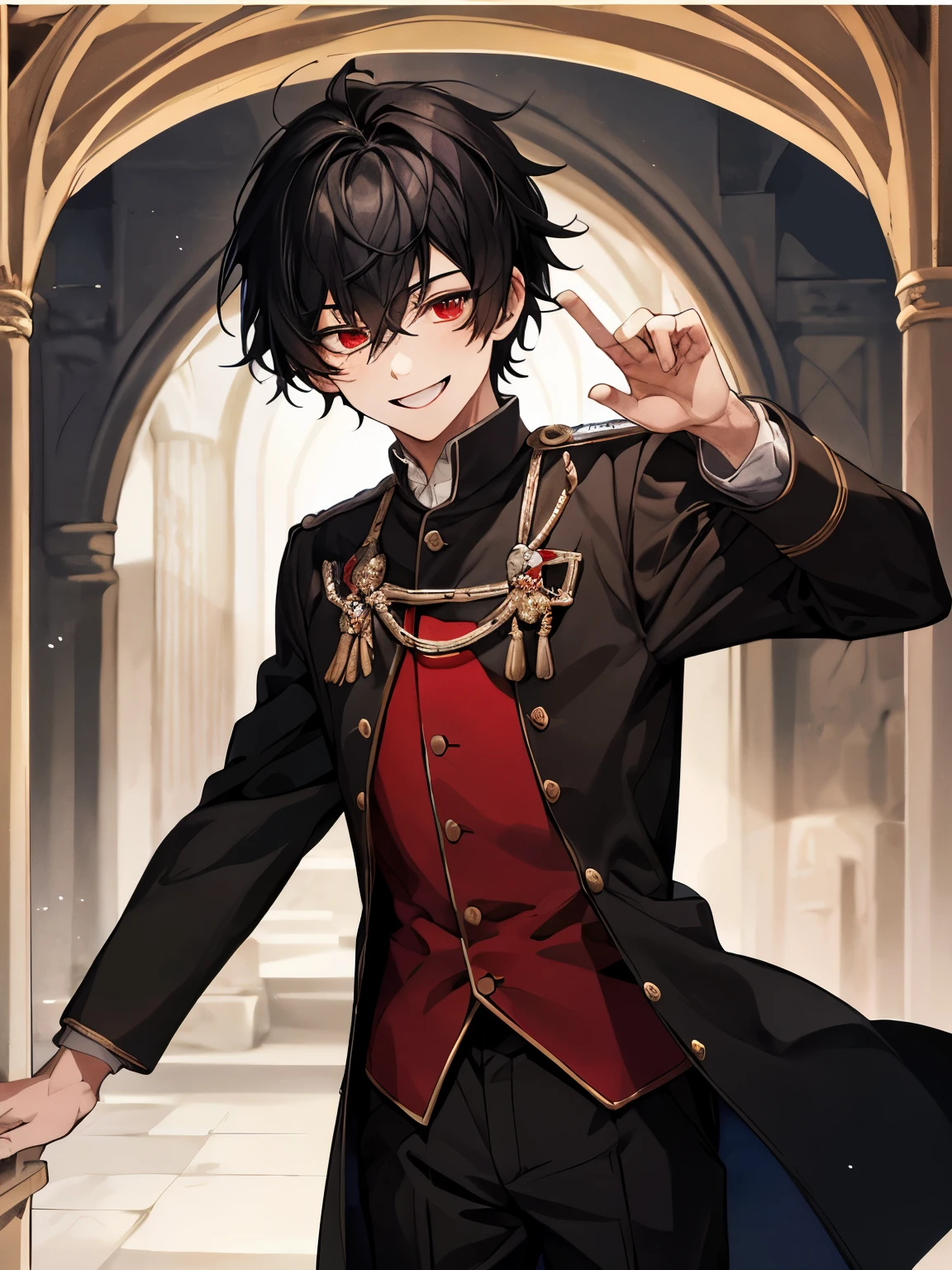 Medieval, idiot, young male ager, red eyes, black hair, uniform, academy, smiling, dumb, short