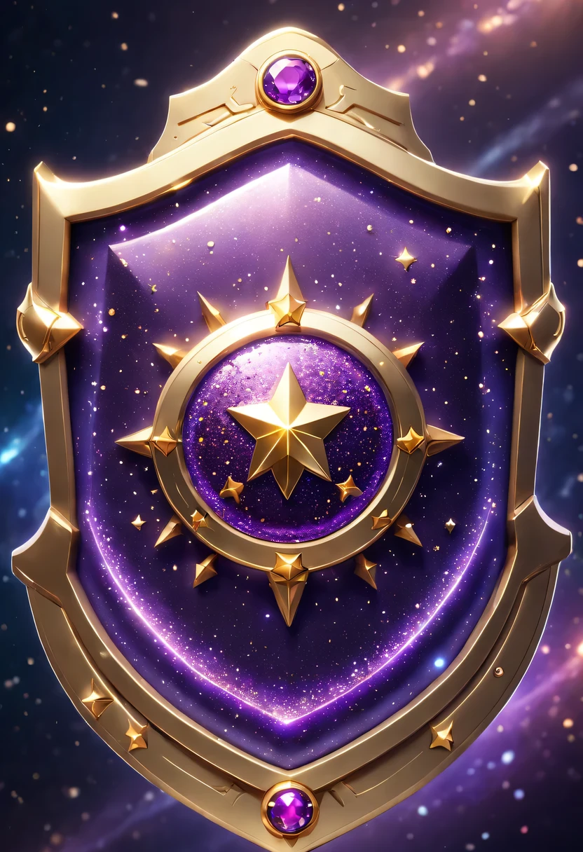 ultra high definition, Super details, best quality, high detail, 1080P, 16k, high resolution,Close-up of the shield,A smart shield with a shiny surface, Magical smart shield, Magic Crystal Smart Shield, Dots of smart shields, purple sparkles, gold and purple, ring lit,, Sparkling golden smart shield, glowing purple, The background is the mysterious cosmic starry sky,Smart Shield Photography, Jewelry Gold Smart Shield,(Best Illustration),(best shadow),Isometric 3D.octane rendering,surreal