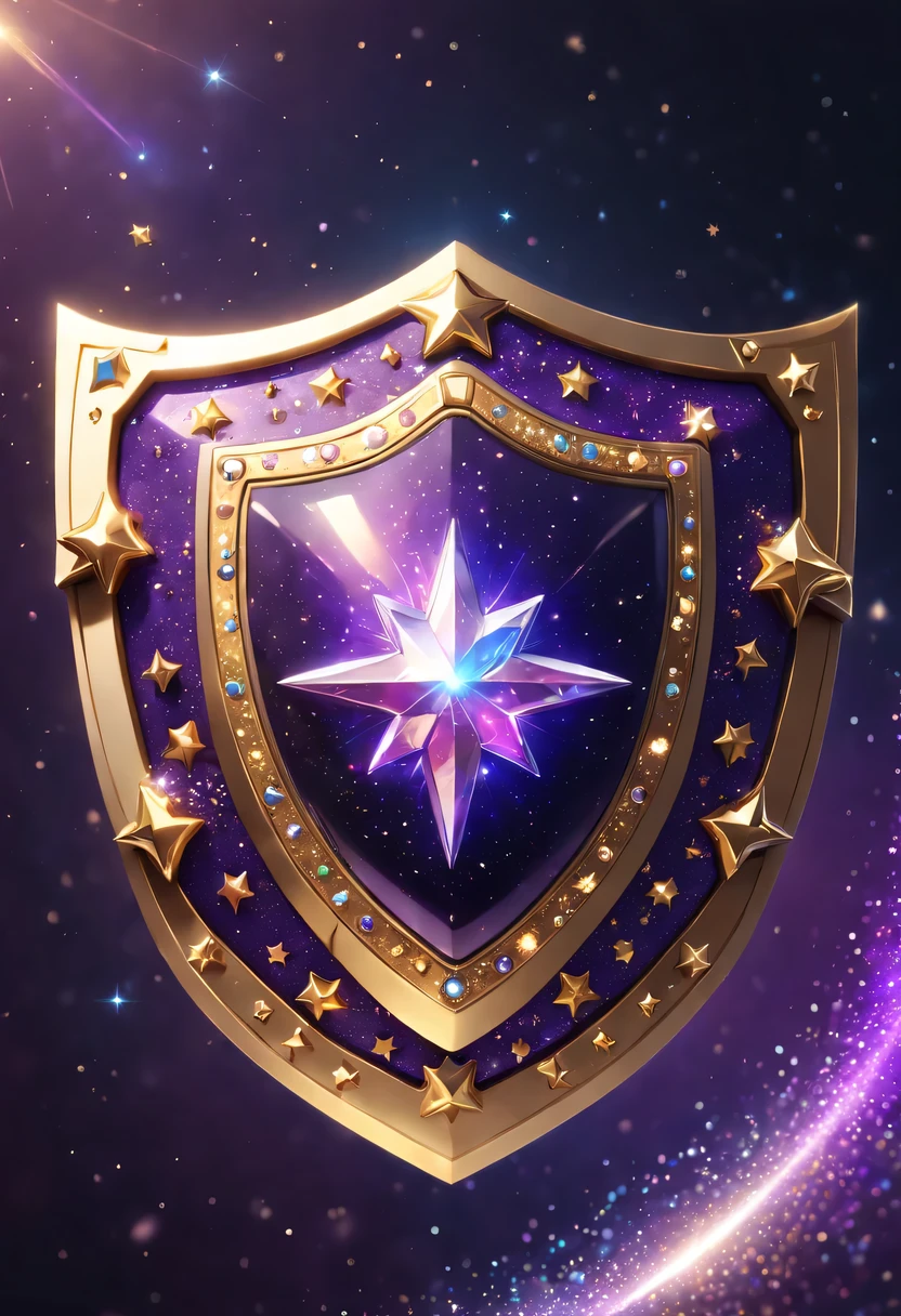 ultra high definition, Super details, best quality, high detail, 1080P, 16k, high resolution,Close-up of the shield,A smart shield with a shiny surface, Magical smart shield, Magic Crystal Smart Shield, Dots of smart shields, purple sparkles, gold and purple, ring lit,, Sparkling golden smart shield, glowing purple, The background is the mysterious cosmic starry sky,Smart Shield Photography, Jewelry Gold Smart Shield,(Best Illustration),(best shadow),Isometric 3D.octane rendering,surreal