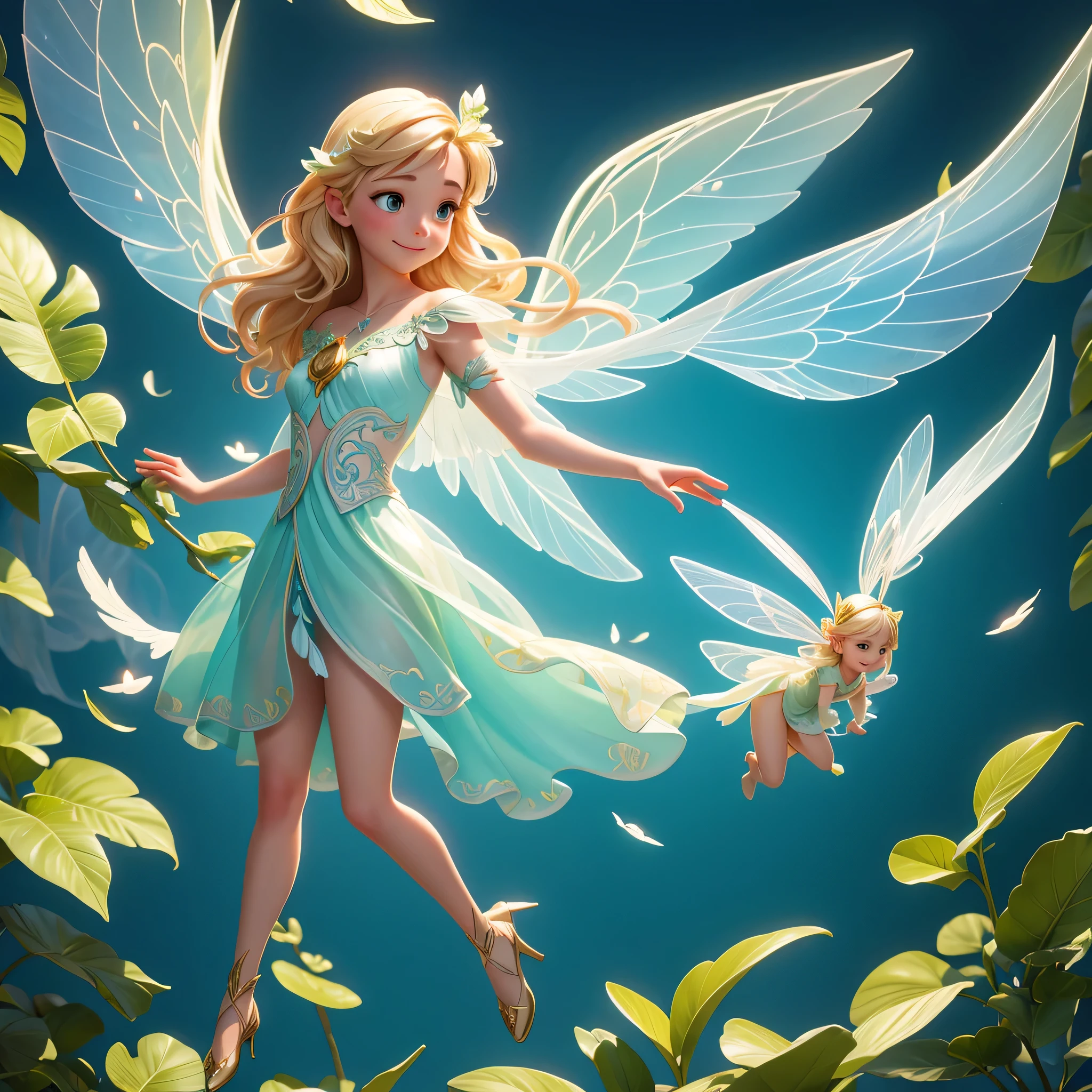 create an illustration of a fairy with incredibly translucent wings, beautiful, centered in the environment, smiling, flying, Disney style, thinker bell, blonde hair, clothes made of green leaves. Perfect composition, clean blue sky background. full body, flying, perfect translucent wings.
beautiful intricately detailed and intricate octane rendering trends in artstation, 8k artistic photography,
digital art, natural and soft volumetric cinematic perfect light
