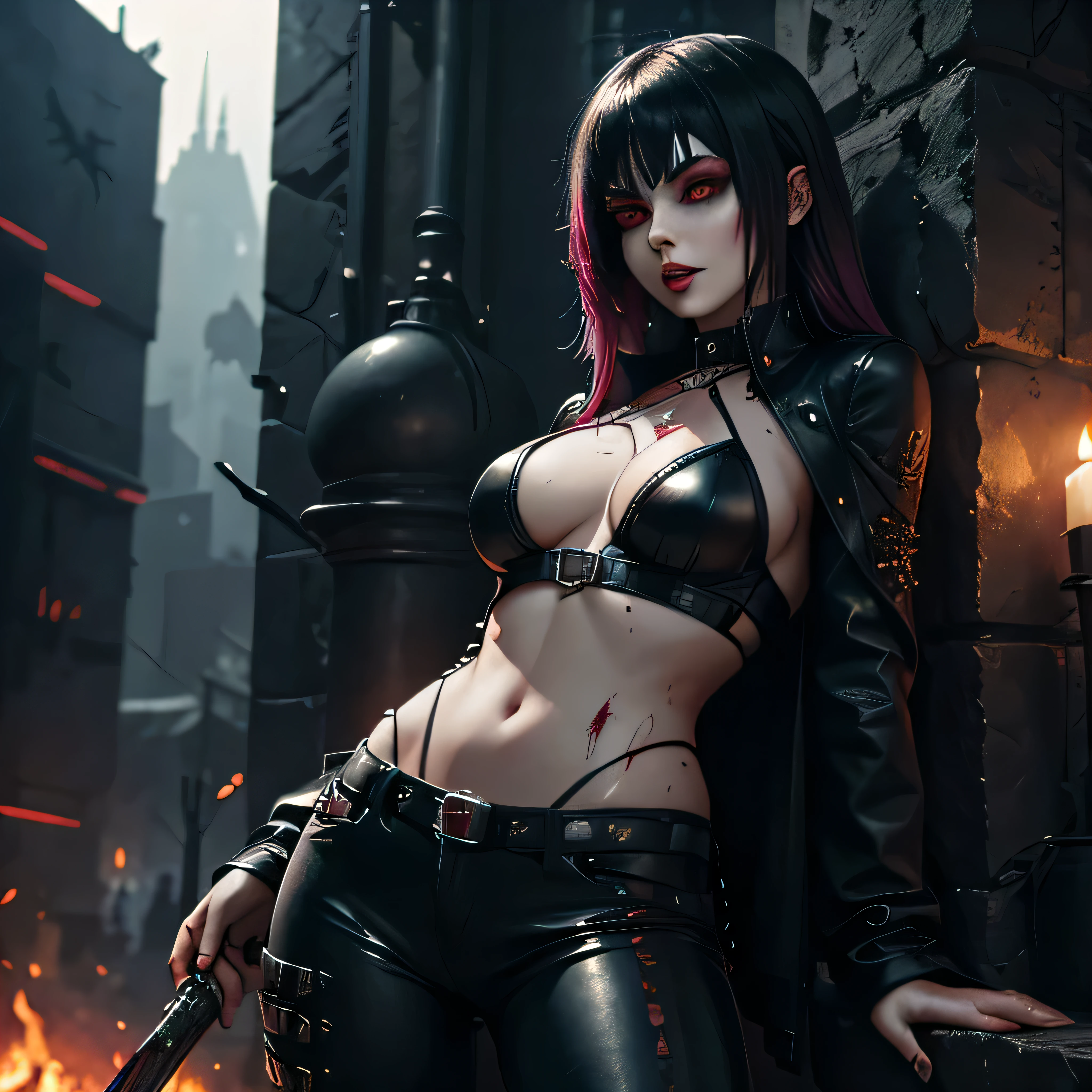 1girl, heavy goth makeup, fantasy character, cyberpunk horror, dark fantasy, navel, gothic mage, dark red eyes, bloody eyes, wounded, dripping blood, bloody knife, bloody leather top, leather pants, sensual