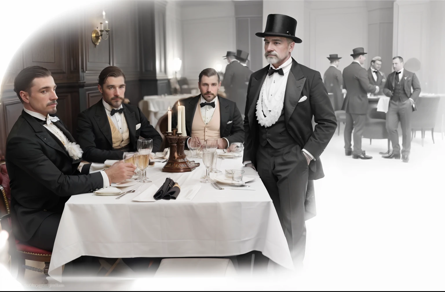 A group of gentlemen is dining in a gentlemen's club in London in Victorian era 1886 year, photo real, photo of a real guy, 8k. hyper real, photorealistic color photography, lifelike, photo, realistic, detail skin texture