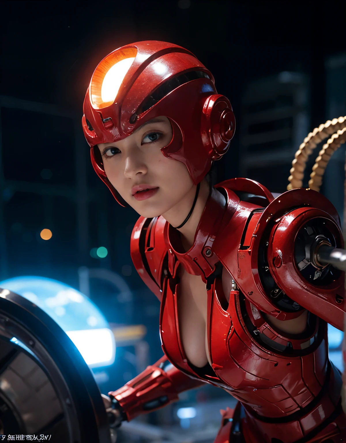 (Background of skimpy mechanical girl and octopus alien)、(Mystical expression)、highest quality、masterpiece、Super high resolution、(Photoreal:1.4)、RAW photo、1 girl、glowing skin、(((1 Mechanical Girl)))、Heavy chest、(red metalボディスーツ)、(Natural alien background to fight aliens)、(Small LED)、((Super realistic details))、vertical giant monster background),global illumination、Shadow、octane rendering、8K、super sharp、robotの背景、big breasts、Raw skin exposed in the cleavage、red metal、intricate decorative details、Japan details、very intricate details、realistic light、(Mystical expression),CG Society Trenlow Eyes、Eyes shining towards the camera、Mechanical marginal blood vessels connected to neon detail tubes)、(Wires and cables connecting to the head)、Small LED、,mechanical thighs、two stock、(Hands are also made of machines)、robot、future alien、Please wear a mechanical helmet、transparent face guard on helmet、
