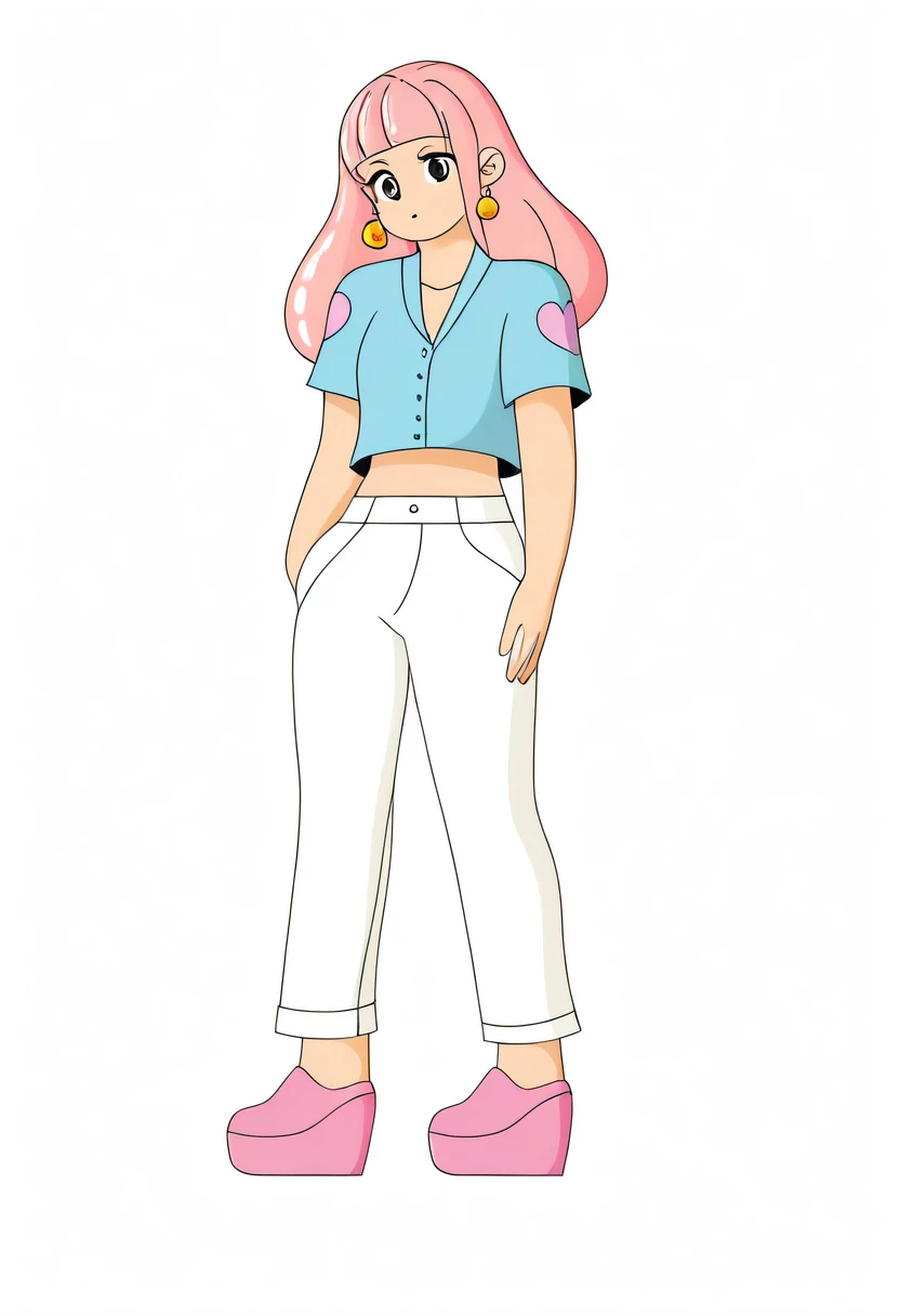 best quality, cartoon_portrait, 1 girl, alone, long hair, looking at the audience, blonde hair, simple background, shirt, brown eyes, white shirt, pink hair, Colorful hair, earrings, lips,
