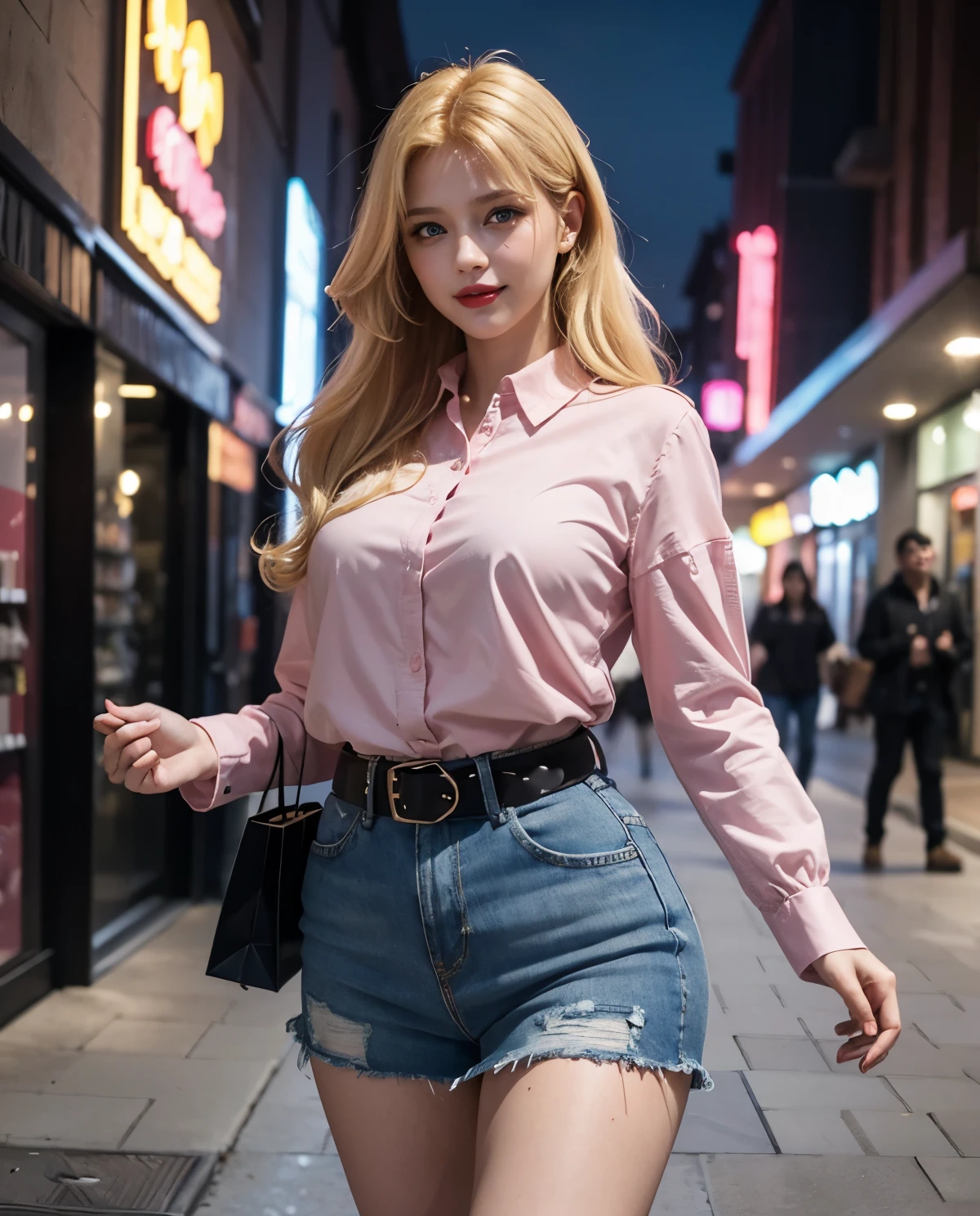 1girl, Blue eyes, (smiling), (Sana Minatozaki), wide hips, Big , big ass, (Best Quality, 8k, Masterpiece: 1.3), perfect hands, Clear Focus: 1.2, Perfect Body Beauty: 1.4 , Strongs Abs: 1.2, Highly detailed face and skin texture, detailed eyes, double eyelids, make-up, red lips, (blonde hair), (pink blouse :1.2), belt, jean skirt, standing, dynamic pose, in a shopping center at night