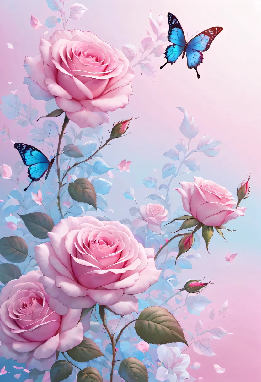 有一朵pink rose，There is a butterfly on it, Detailed flower, pink rose, beautiful digital art, pastel roses, pink pink, magical flowers, blue and pink, Beautiful digital painting, translucent roses ornate, pink and blue, Beautiful flowers, rose background, Beautiful ornate digital art, Magical colorful flowers, 非常beautiful digital art, elegant numbers, beautiful digital art作品