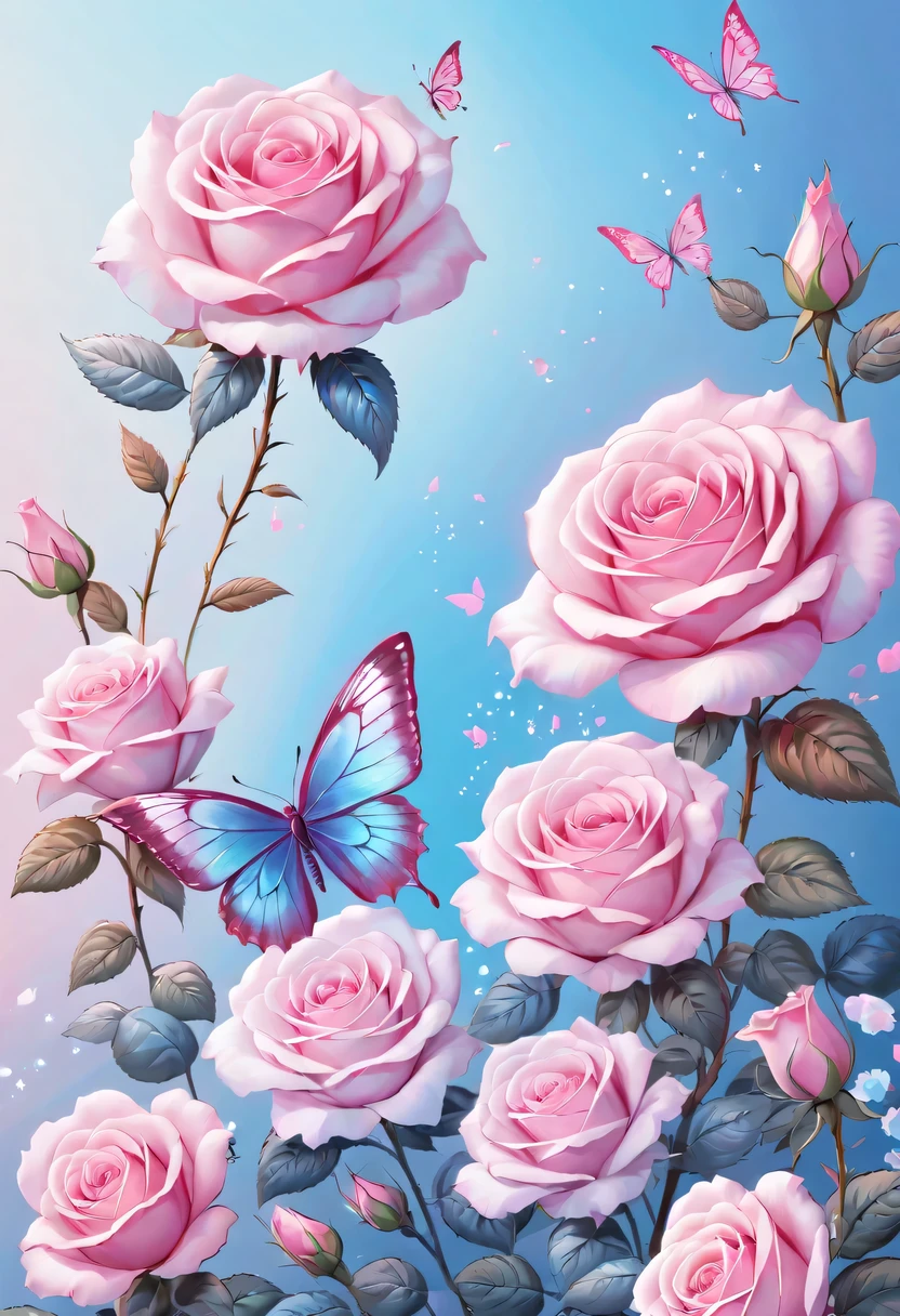 有一朵pink rose，There is a butterfly on it, Detailed flower, pink rose, beautiful digital art, pastel roses, pink pink, magical flowers, blue and pink, Beautiful digital painting, translucent roses ornate, pink and blue, Beautiful flowers, rose background, Beautiful ornate digital art, Magical colorful flowers, 非常beautiful digital art, elegant numbers, beautiful digital art作品