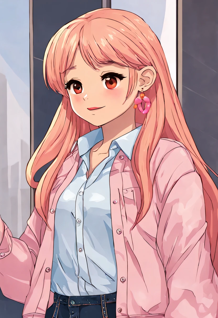 best quality, cartoon_portrait, 1 girl, alone, long hair, looking at the audience, blonde hair, simple background, shirt, brown eyes, white shirt, pink hair, Colorful hair, earrings, lips,