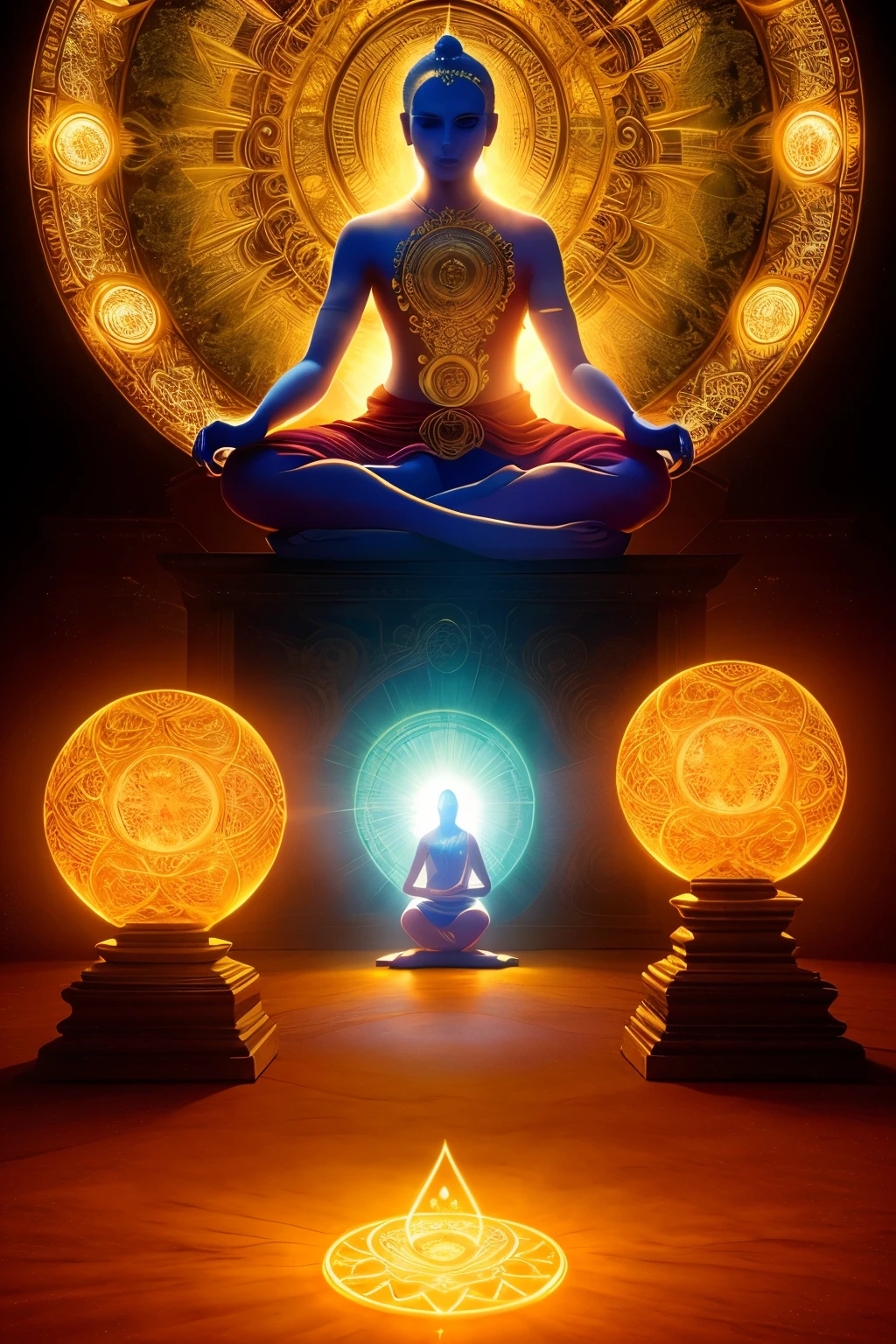 A mystical meditation scene, (ethereal:1.1), (calm:1.2), serene Monk, in deep concentration, lotus position, (intricate details:1.3), HDR lighting, (vibrant auras:1.2), surreal landscape, with mountains in the background, (sublime:1.1), cinematic shot, (visual masterpiece:1.1), a mystical realm, (spirited:1.1), vignette, (mystical energies:1.2), centered around a crystal ball, glowing with an inner light, (hyperreal:1.2), ultra-detailed, (insp