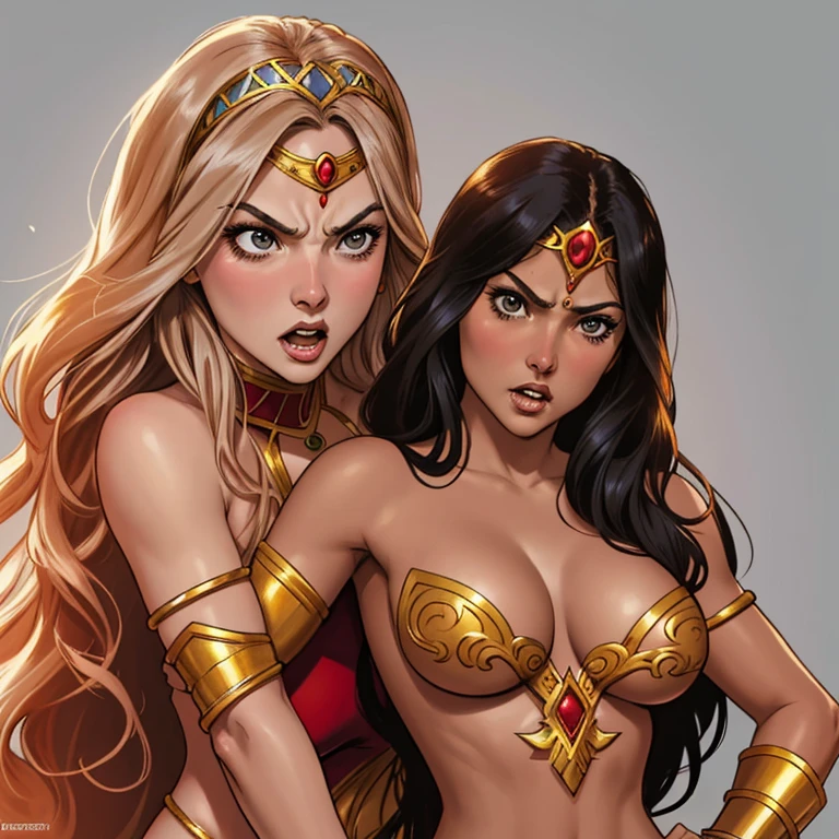 DC Comics, (emote:1), Eloise Mumford dressed as Dejah Thoris, by Frank cho and HR Geiger, barsoom, (sexy), ornate diadem, nearly naked, (1girl:1), (head shot:1.1), (dramatically angry), expressive face, Gray background, one girl