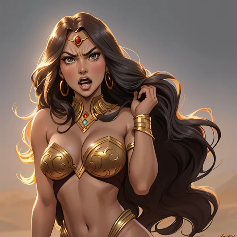DC Comics, (emote:1), Eloise Mumford dressed as Dejah Thoris, by Frank cho and HR Geiger, barsoom, (sexy), ornate diadem, nearly naked, (1girl:1), (head shot:1.1), (dramatically angry), expressive face, Gray background, one girl