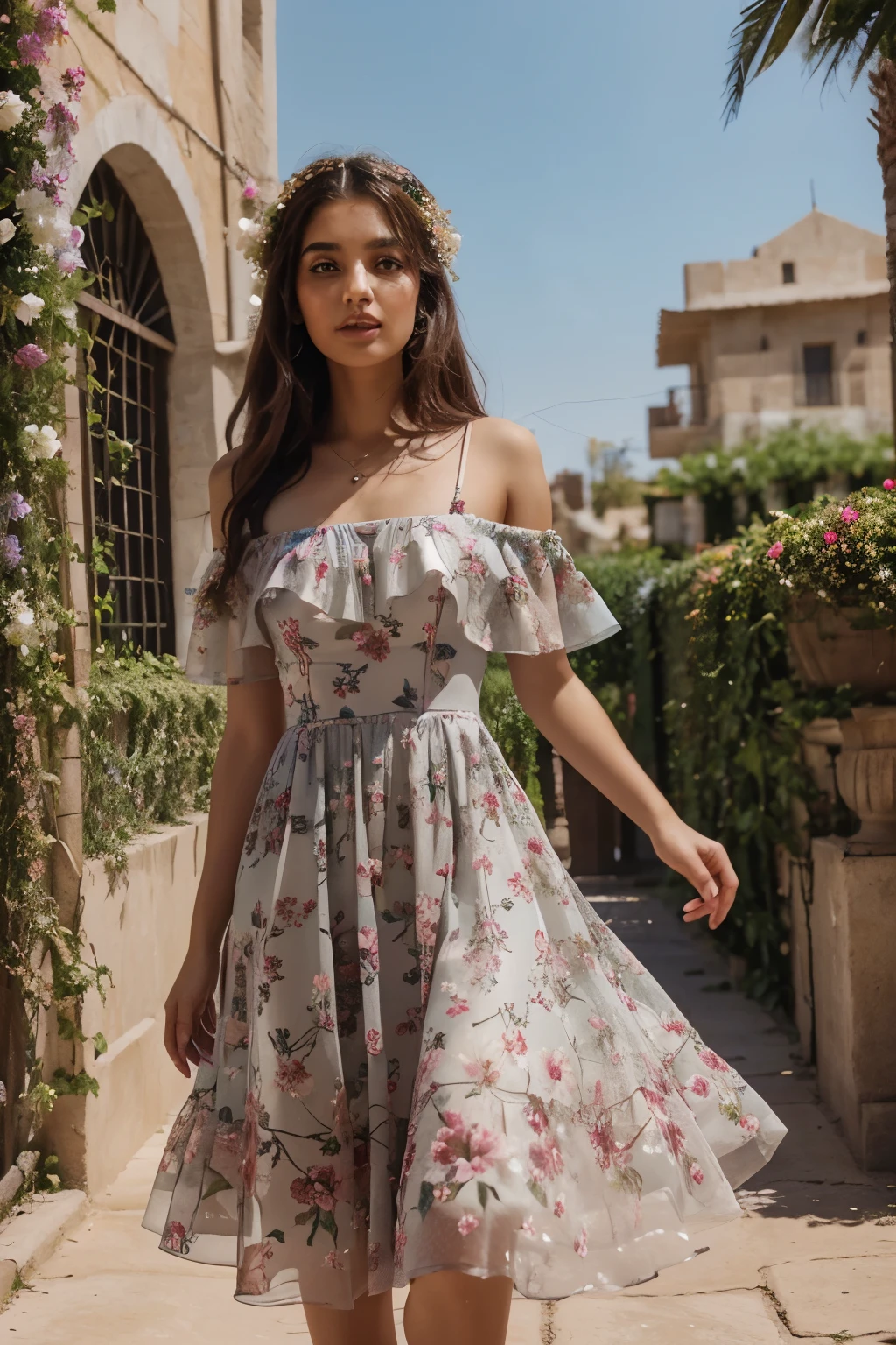 Create a dress adorned with fantasy-inspired florals, incorporating oversized blooms, vine-like patterns, and a whimsical touch that mirrors the romantic side of Hatim's adventures.