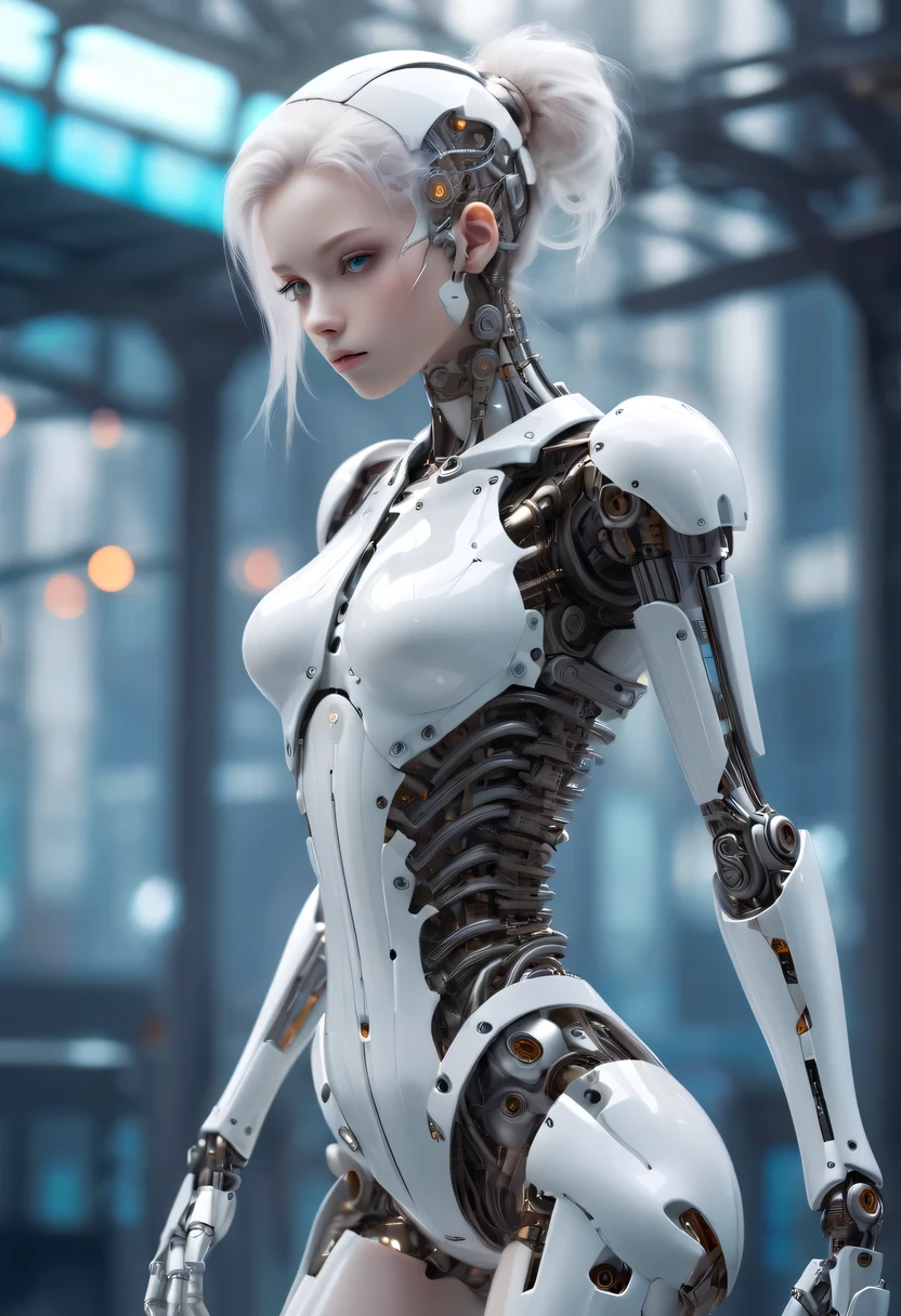 Translucent ethereal mechanical girl，Futuristic girl，Mechanical joint，mecha girl，futuristic city background