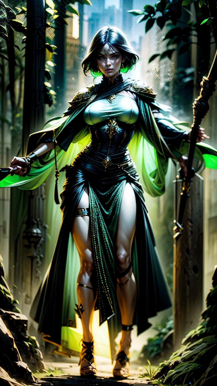 ((full body illustration)), A female warrior holding a staff in an attack position, wearing a costume in shades of green, around her a swirl of leaves, in a hyper-detailed fantasy setting, soft ambient light, high definition, high quality, vivid colors.