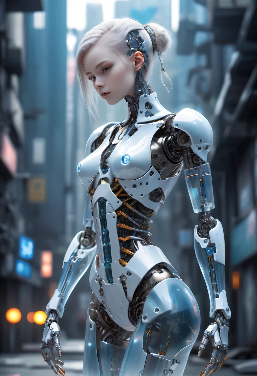 Translucent ethereal mechanical girl，Futuristic girl，Mechanical joint，mecha girl，futuristic city background