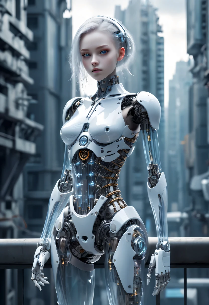 Translucent ethereal mechanical girl，Futuristic girl，Mechanical joint，mecha girl，futuristic city background