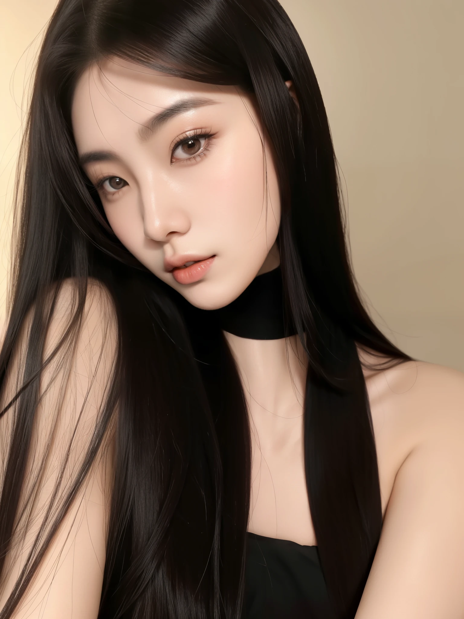 um close up de uma mulher com longos cabelos pretos usando um vestido preto,  Asian with long hair,  coreana, linda mulher sul-coreana, linda jovem coreana, beautiful asian girl, corte de cabelo preto hime, cabelo preto longo e fino, asian features, linda jovem coreana, young lovely korean face, beautiful chinese model, young pale and beautiful asian face, Ulzzang