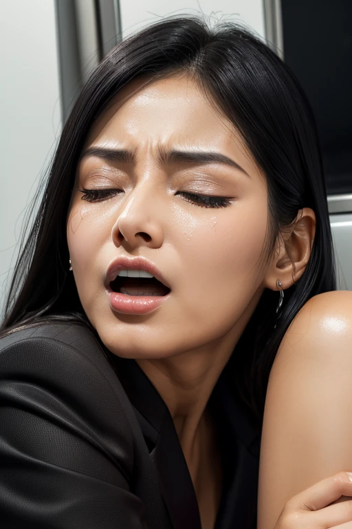 1girl,muste piece,,Award-winning photo, Extremely detailed, edge orgasm,face focus, (woman with open mouth and closed eyes ), 30 years old、black hair、shiny skin、Close-up of face,from below、realistic nostrils、elongated nasal passages,、train、(train車内)、congestion、Are standing、((business suit))、big breasts、tears、crying face、