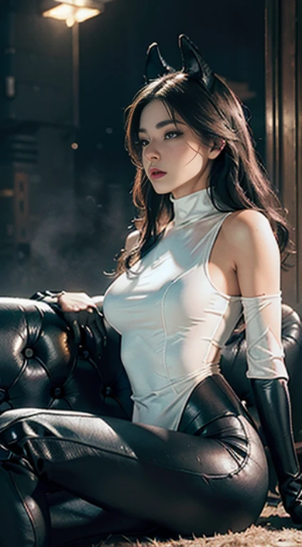 RAW, Masterpiece, Ultra Fine Photo,, Best Quality, Ultra High Resolution, Photorealistic, Sunlight, Full Body Portrait, Stunningly Beautiful,, Dynamic Poses, Delicate Face, Vibrant Eyes, (Side View) , she wears futuristic Batman costume, skinny leather pants, turtleneck top, off shoulders, Batman ears, sitting on a leather sofa, very detailed background, detailed face, detailed busy background, messy, gorgeous, Milky white, high detailed skin, realistic skin detail, visible pores, sharp focus, volumetric fog, 8k uhd, dslr, high quality, film grain, fair skin, photorealism, lomography, in a future dystopia sprawling metropolis, seen from below, translucent