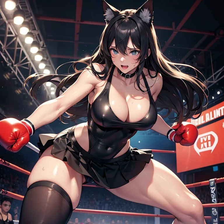 individual,Beauty,Realistic boxing gloves,Knee socks,black swimsuit,miniskirt,sexy,Big breasts,long legs,cleavage,Boxing ring,sweating,8k,Super detailed,high quality,long hair,Cat ear,nipple