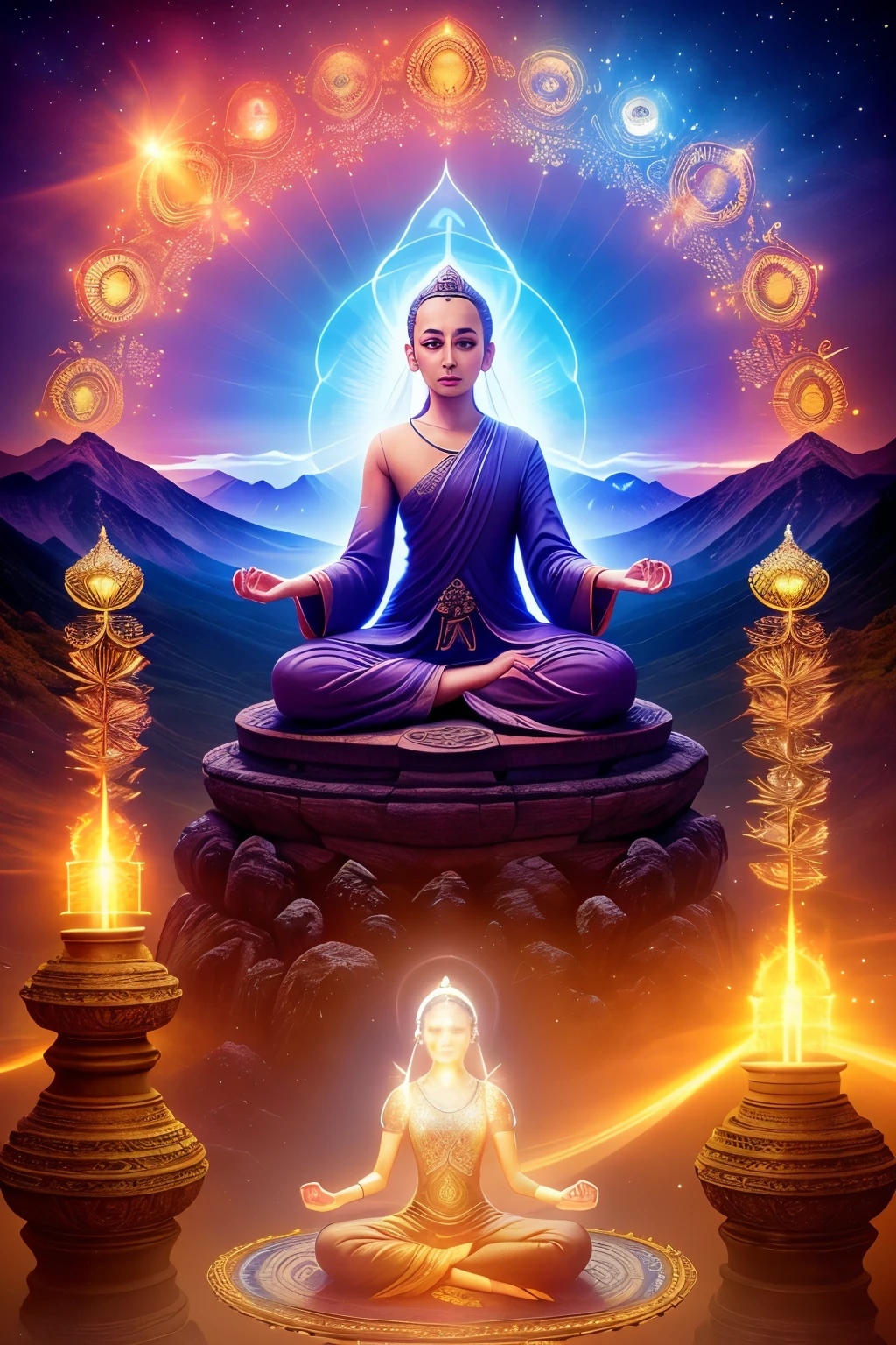 A mystical meditation scene, (ethereal:1.1), (calm:1.2), serene Monk, in deep concentration, lotus position, (intricate details:1.3), HDR lighting, (vibrant auras:1.2), surreal landscape, with mountains in the background, (sublime:1.1), cinematic shot, (visual masterpiece:1.1), a mystical realm, (spirited:1.1), vignette, (mystical energies:1.2), centered around a crystal ball, glowing with an inner light, (hyperreal:1.2), ultra-detailed, (insp
