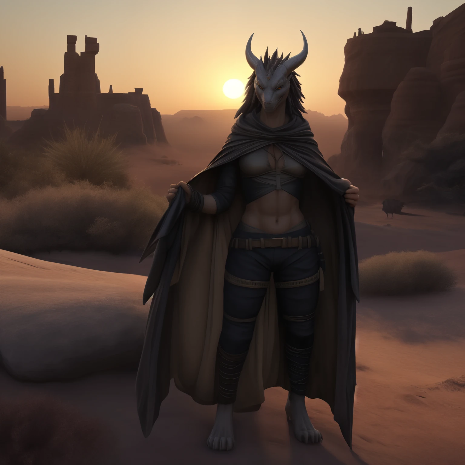 (best quality, highres, realistic:1.37), Draconid, scalie, Anthro-Dragon Body, shapely body, Female anthropopathy, long slim legs, long neck, Long hair, membranous ears, postapocalyptic wasteland, raider's clothes, tattered cloak, desert, heat