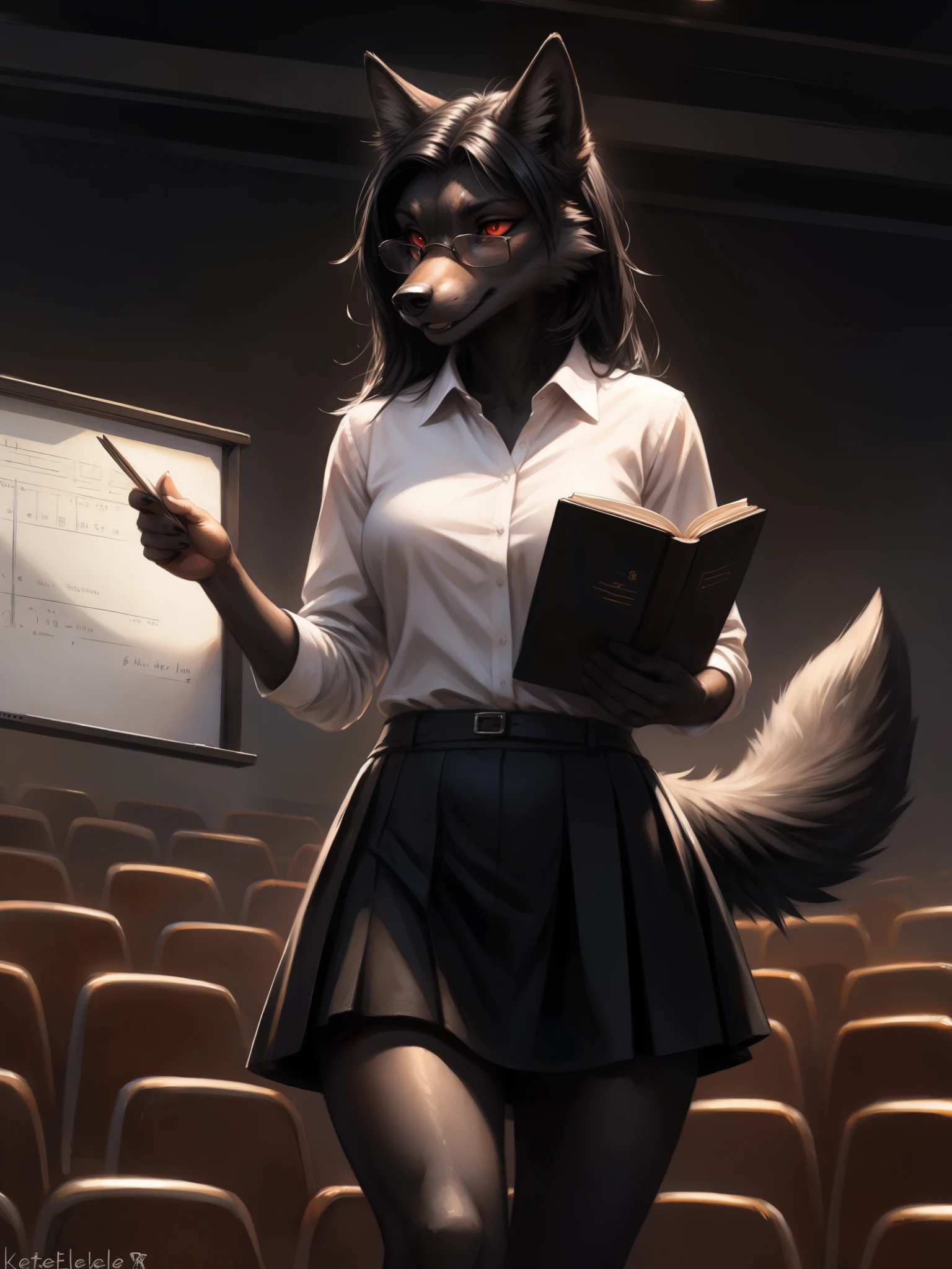 by kenket, by totesfleisch8, (by thebigslick, by silverfox5213:0.8), (by syuro:0.2), a dark grey wolf, female, red eyes, white sclera, nlack wolf ears, long black hair, straight black bangs, cute snout, black nose, black wolf tail, wearing white button up shirt, black skirt, black leggings, elegant glasses, serious expression, mouth open, standing in front of a white board, advanced theoretical physics calculations on the white board, in a big open auditorium with a bunch of students in the audience, holding a book