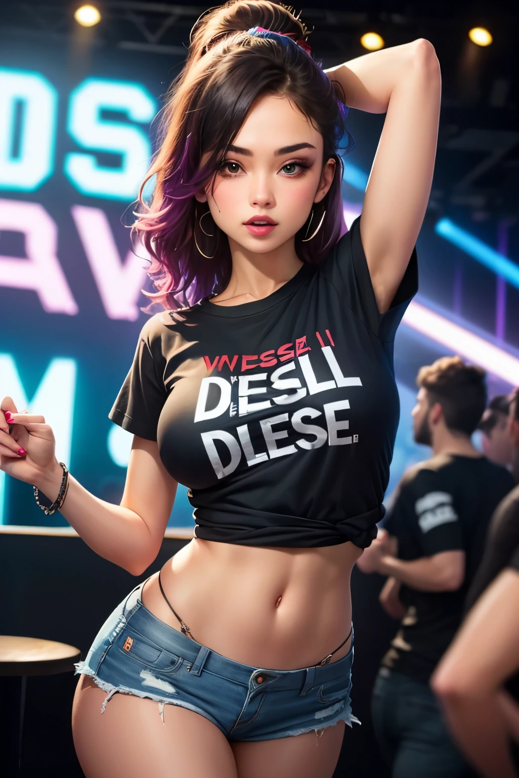 Party girl on a dance club wear a t-shirt on which word diesel is written, diesel on t-shirt