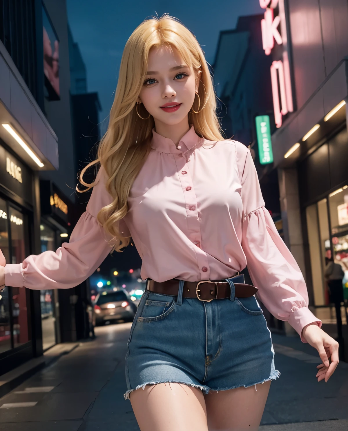 1girl, Blue eyes, (smiling), (Sana Minatozaki), wide hips, Big , big ass, (Best Quality, 8k, Masterpiece: 1.3), perfect hands, Clear Focus: 1.2, Perfect Body Beauty: 1.4 , Strongs Abs: 1.2, Highly detailed face and skin texture, detailed eyes, double eyelids, make-up, red lips, (blonde hair), (pink blouse :1.2), belt, jean skirt, standing, dynamic pose, in a shopping center at night