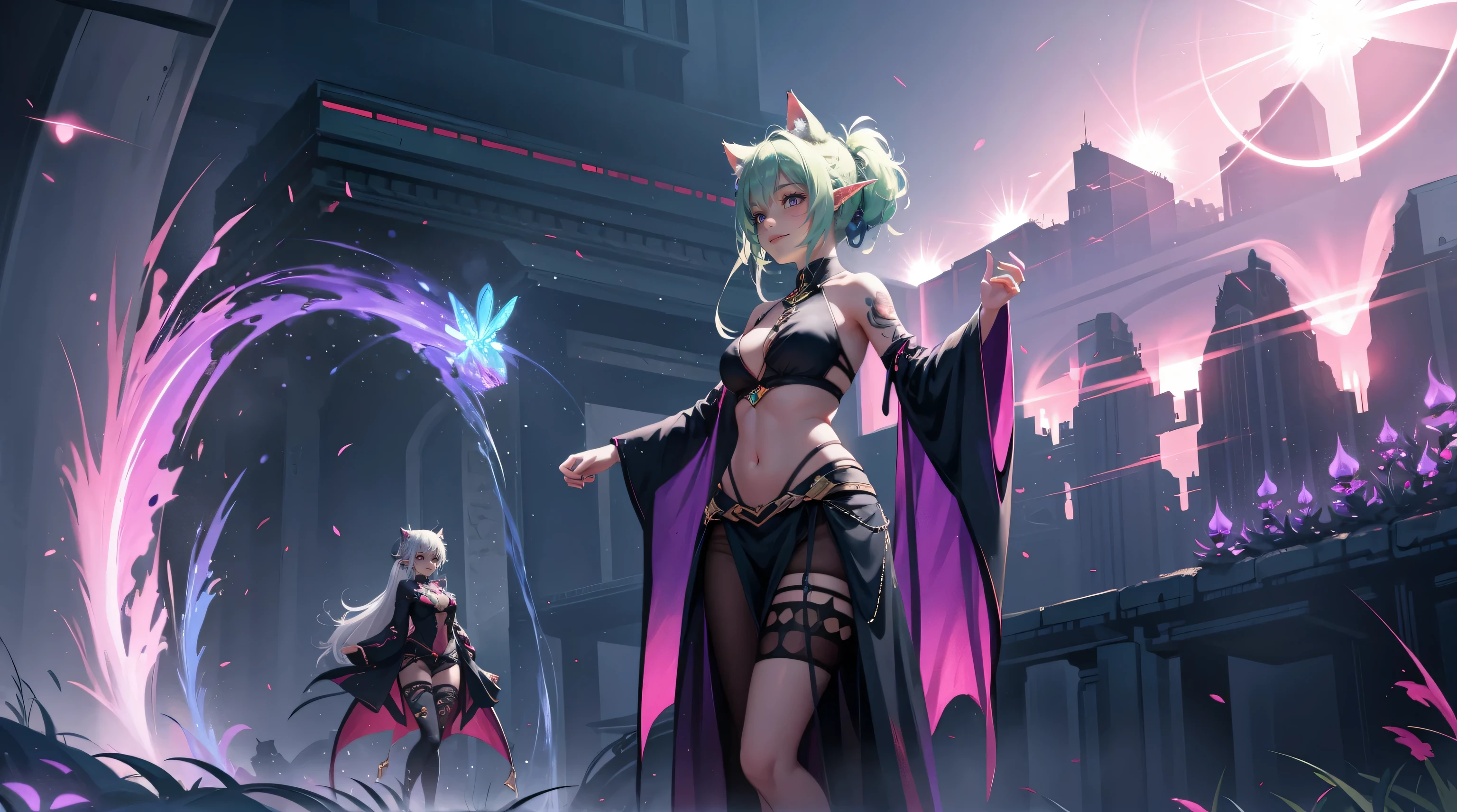 2 elf girls, 22 years old, multicolor hair, space buns, cat ears, jungle, fireflies, full body, extreme abs, cute face, smiling, gothic dress, tattoos, fluorescent, magical scene, beautiful, fashion, splash of color, paint splatter, rainbow lights, world of warcraft, serene jungle, red fireflies, purple glow, giant mecha robot