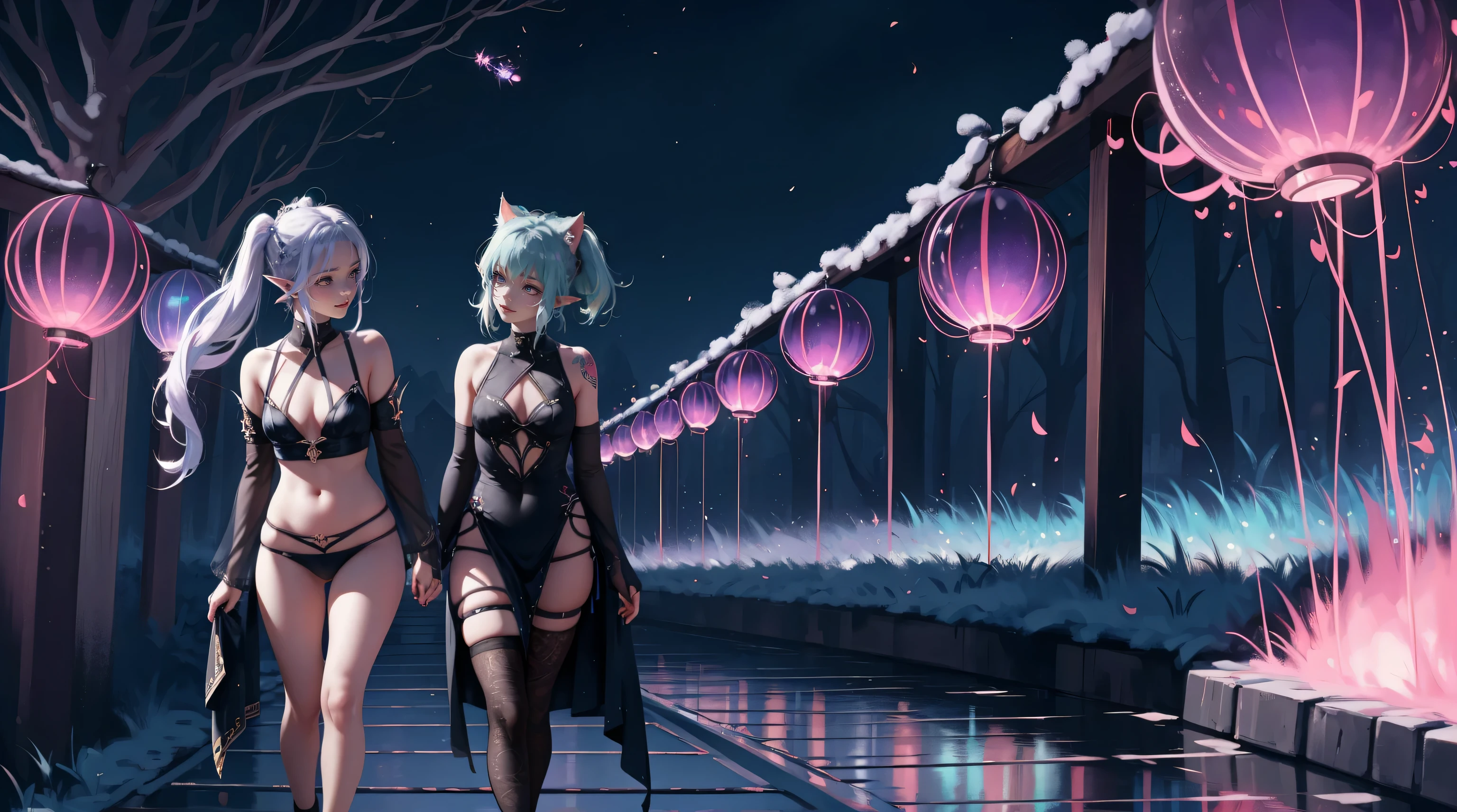 2 elf girls, 22 years old, multicolor hair, space buns, cat ears, jungle, fireflies, full body, extreme abs, cute face, smiling, gothic dress, tattoos, fluorescent, magical scene, beautiful, fashion, splash of color, paint splatter, rainbow lights, world of warcraft, serene jungle, red fireflies, purple glow, giant mecha robot