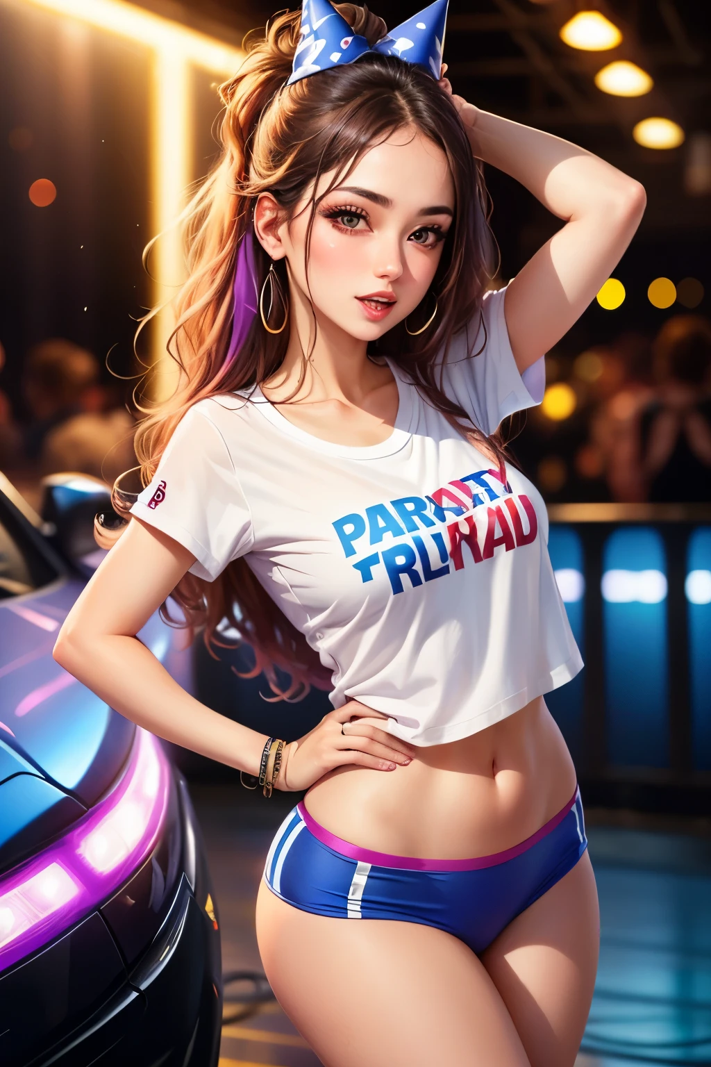 Party girl on a dance club wear a t-shirt on which word ((petrol)) is written
