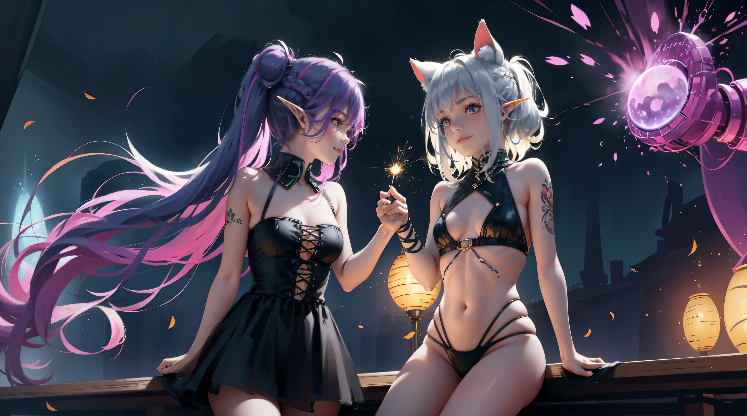 2 elf girls, 22 years old, multicolor hair, space buns, cat ears, jungle, fireflies, full body, extreme abs, cute face, smiling, gothic dress, tattoos, fluorescent, magical scene, beautiful, fashion, splash of color, paint splatter, rainbow lights, world of warcraft, serene jungle, red fireflies, purple glow, giant mecha robot