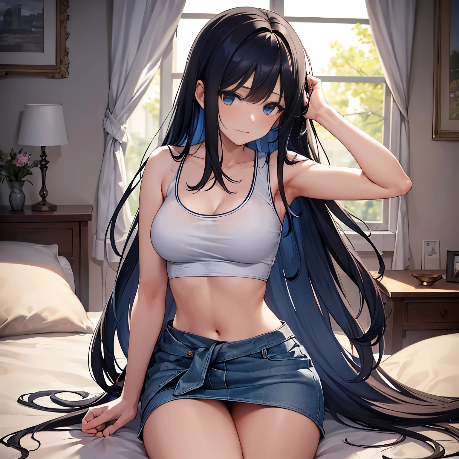 ((masterpiece)), ((top-quality)), ((Super Detail)), 8K, Delicate depictions are filmed in anime style. Full body lesbian, ((Very long hair, A dark-haired girl with Bright blue eyes,)), Side tail, Her blue eyes are highlighted with a subtle shimmer. The overall tone is brighter, as if bathed in natural sunlight filtering through a window. The scene takes place on a plush living room rug. The girl wears a white tank top that clings to her body, revealing the slight outlines of her curves. A miniskirt, slightly twisted around her waist, reveals her thighs. Her panties are only slightly visible, adding an element