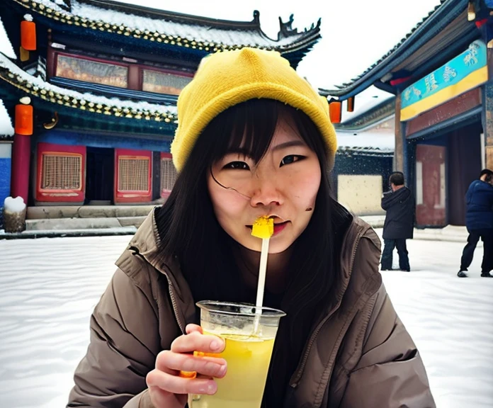 Amy drinking Lemonade in China on Snow 