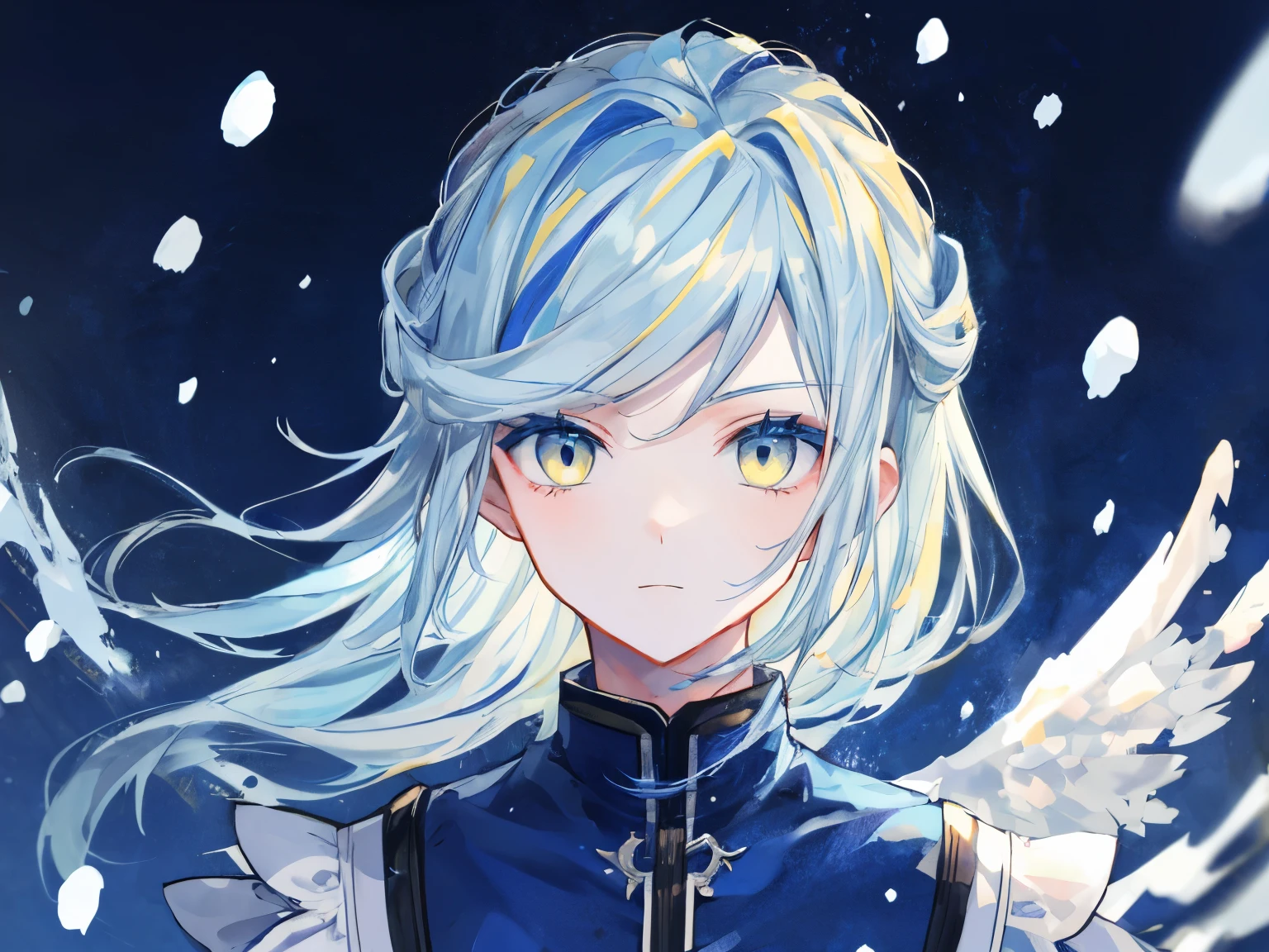 highest quality、best quality、super detailed、perfect face、very detailed、very delicate、1 boy, (cute), Angel, light blue hair、half up、place々Blue Mesh、blue and yellow gradient eyes、Noble attire、snow mountain、Snow blows、nature